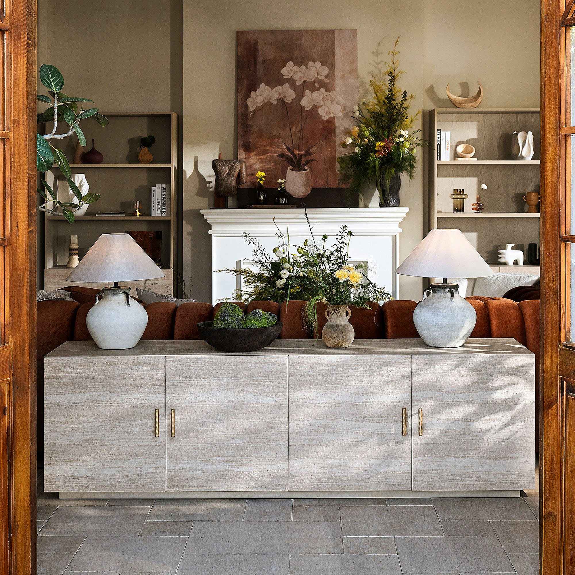 Renata 84 inch Travertine Textured TV Stand with Storage