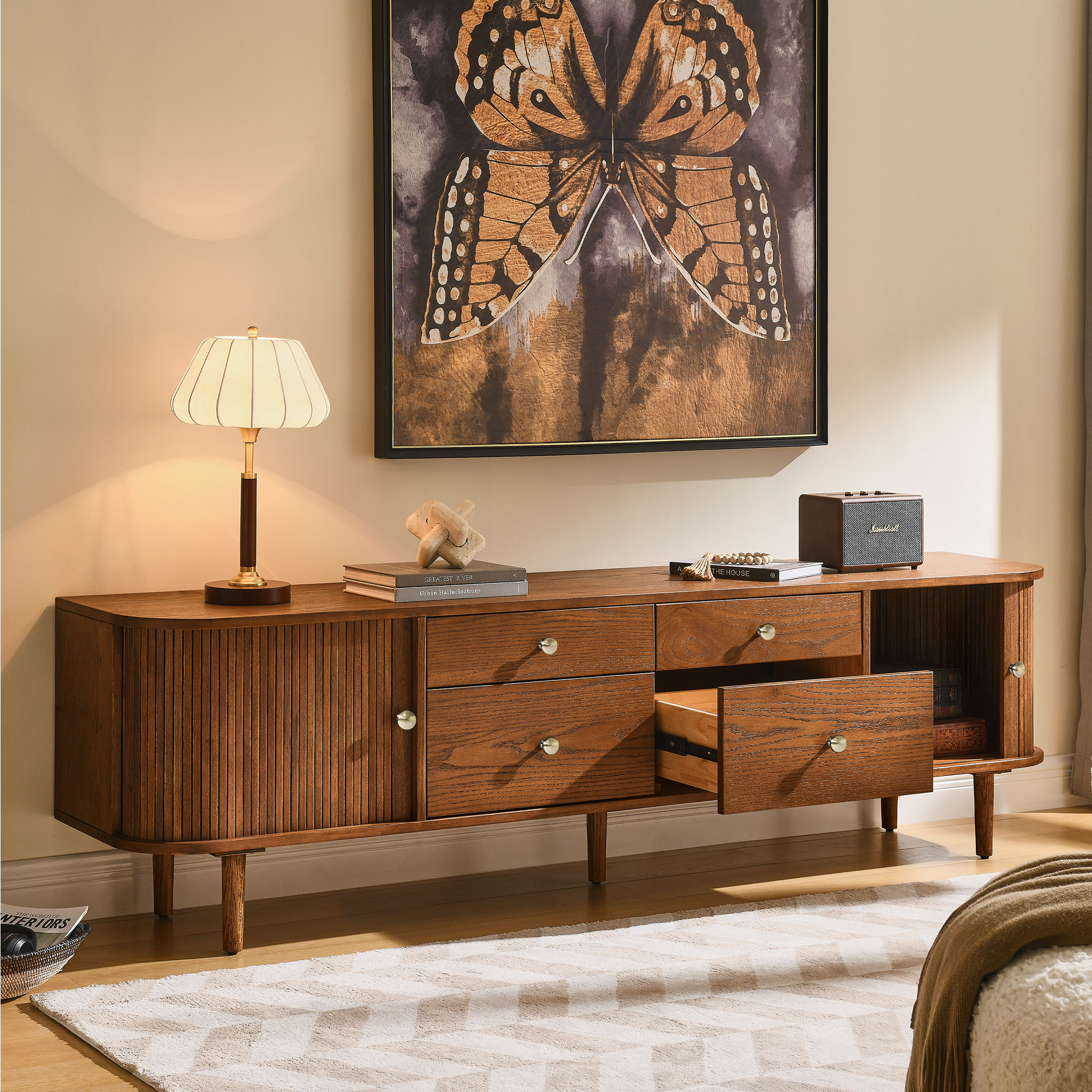 Tristan 84 inch Warm Brown Solid Oak Tambour Door TV Stand with 4