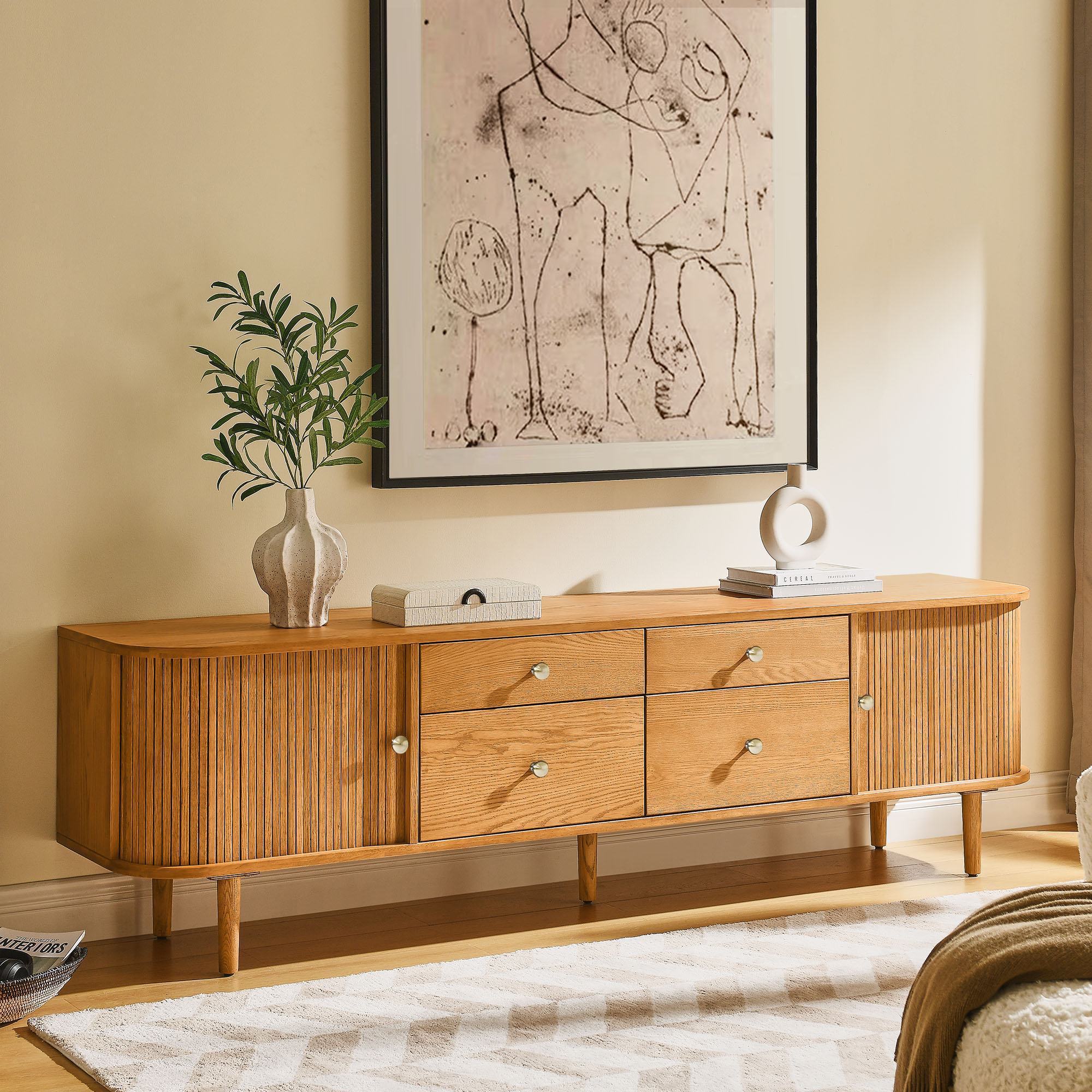 Afternoon Tea LIVING　チェスト Tristan 84 inch Natural Solid Oak Tambour Door TV Stand with 4