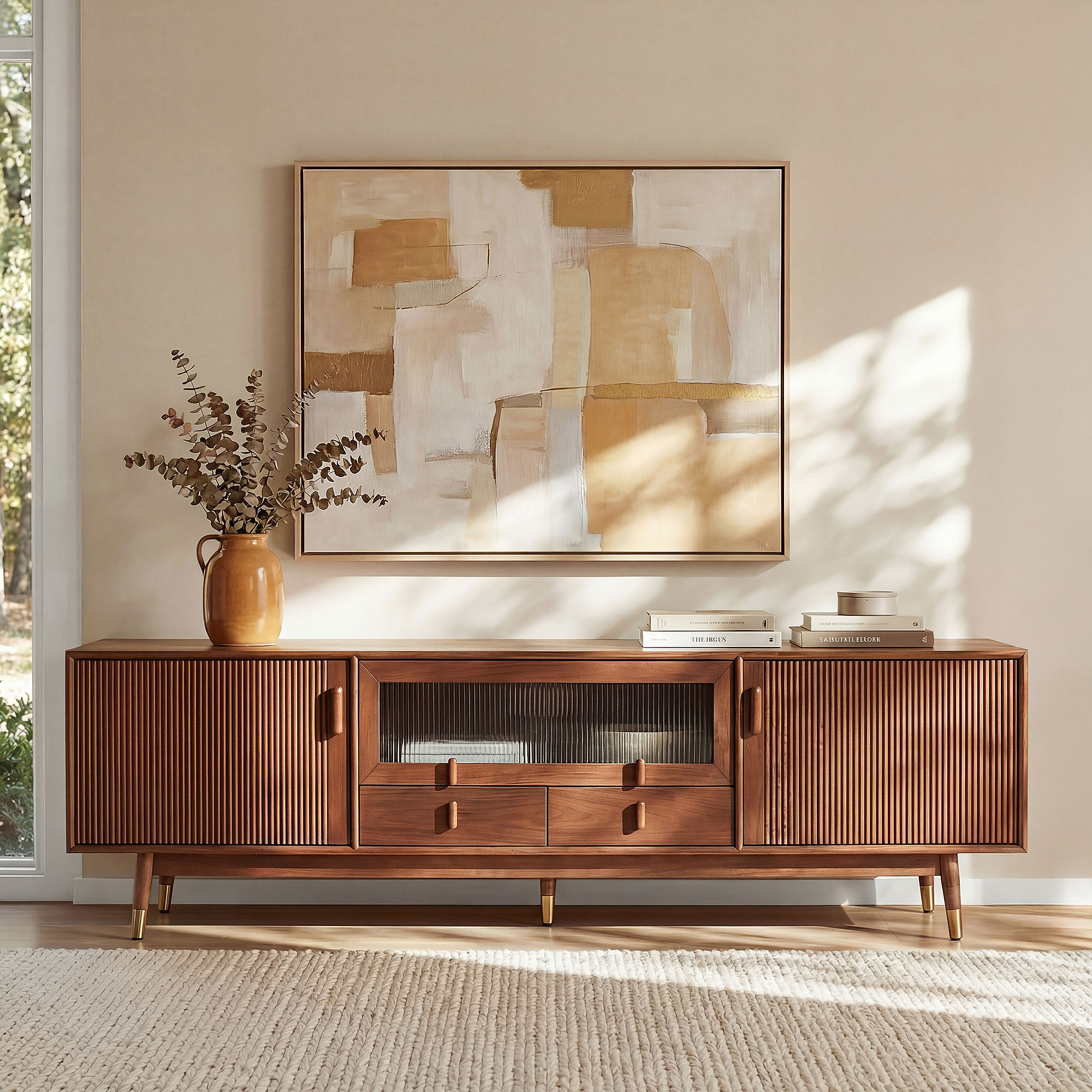 Stavn 72 inch MCM Fluted Solid Wood TV Stand | HERNEST