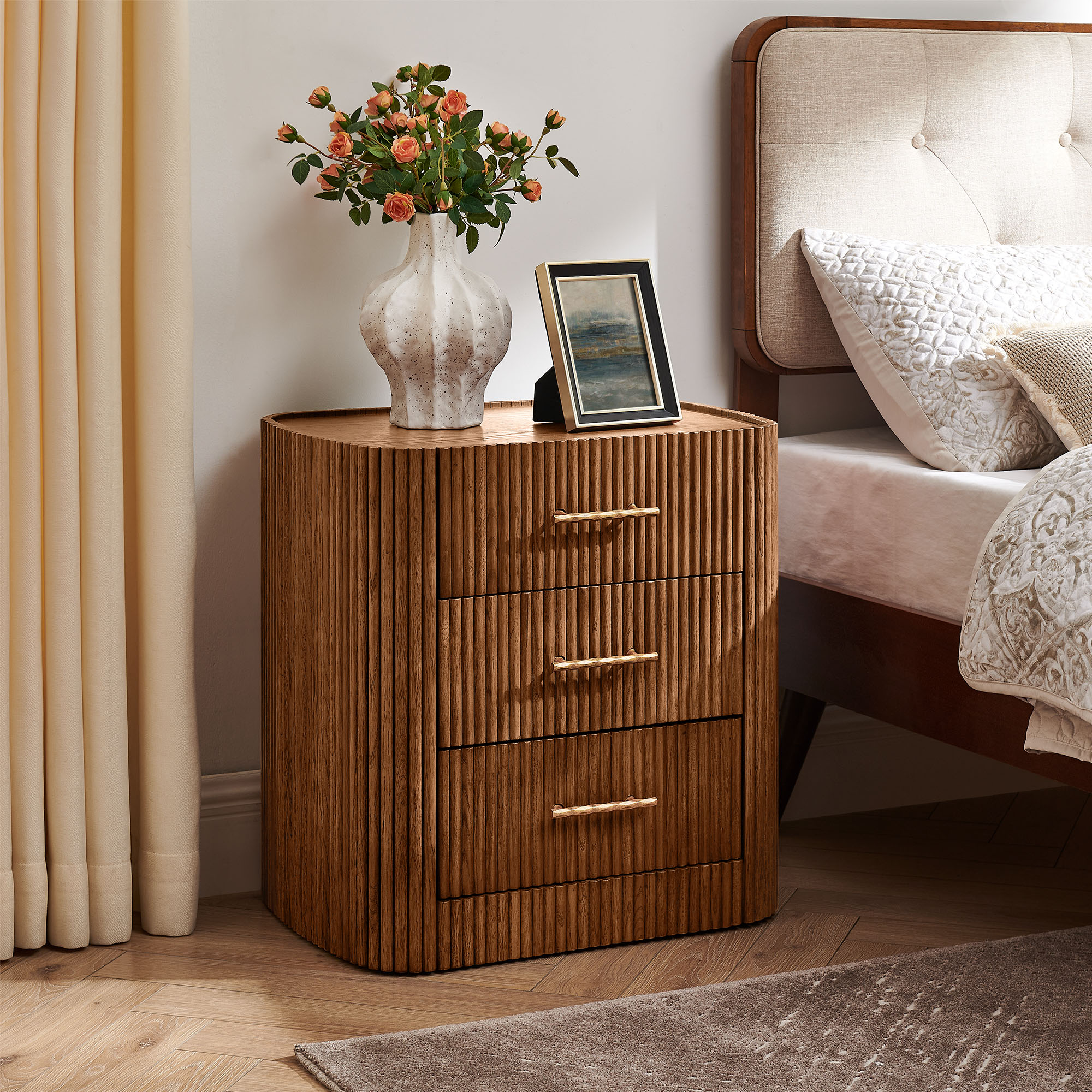 Astor 23 inch Warm Brown Fluted Solid Oak 3-Drawers Nightstand