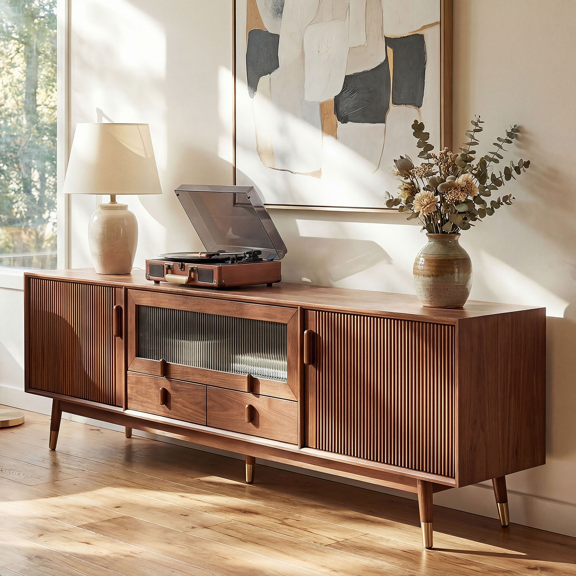 Stavn 72 inch MCM Fluted Solid Wood TV Stand | HERNEST