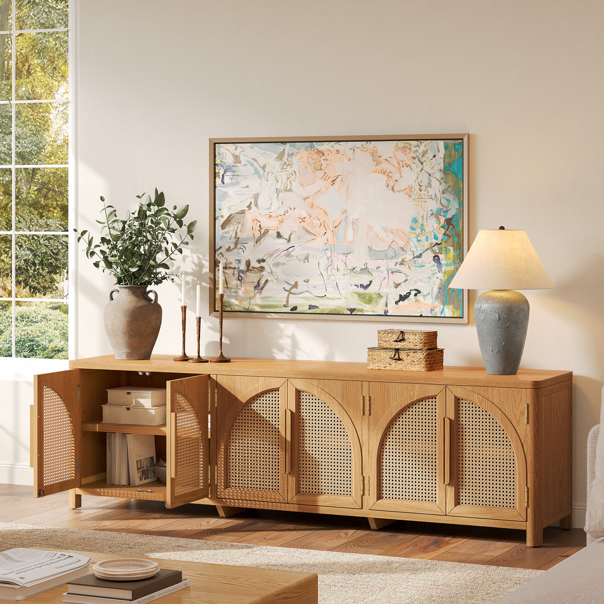 Alvborg 156 inch Natural Rattan Storage Media Console Set with