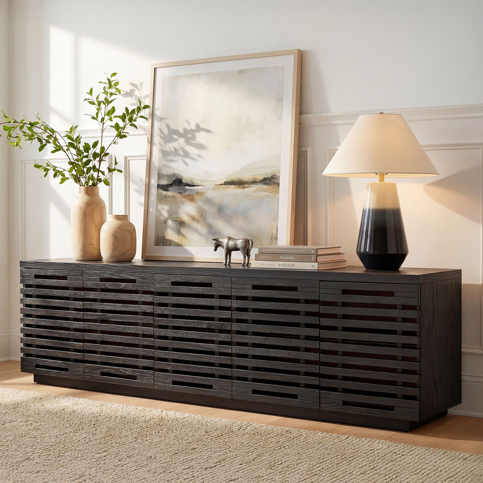 Ingrid 84 inch Black Solid Oak Slatted TV Stand | HERNEST