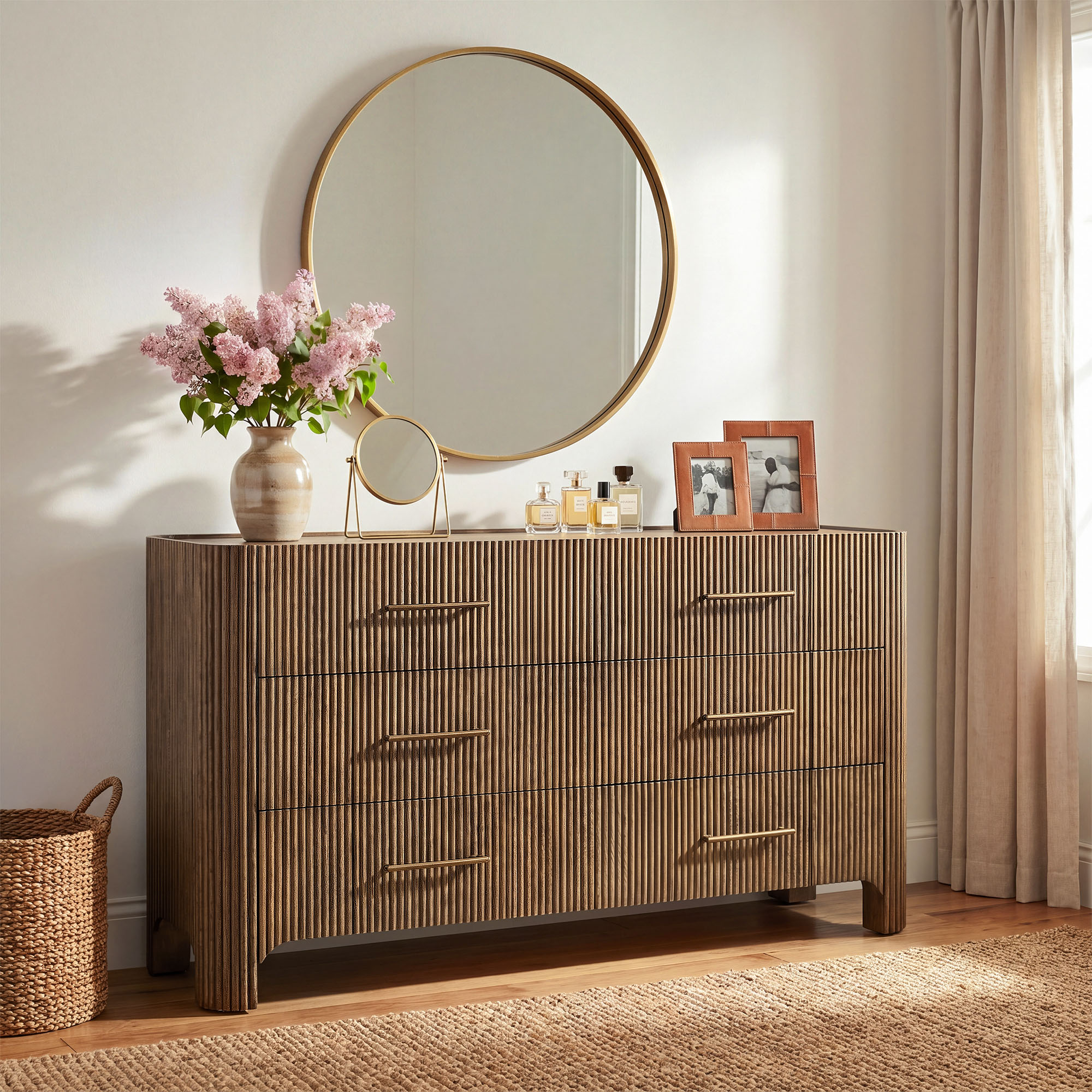 63" 6-Drawer Fluted Oak Brown Dresser 63" 6-Drawer Fluted Oak Brown Dresser