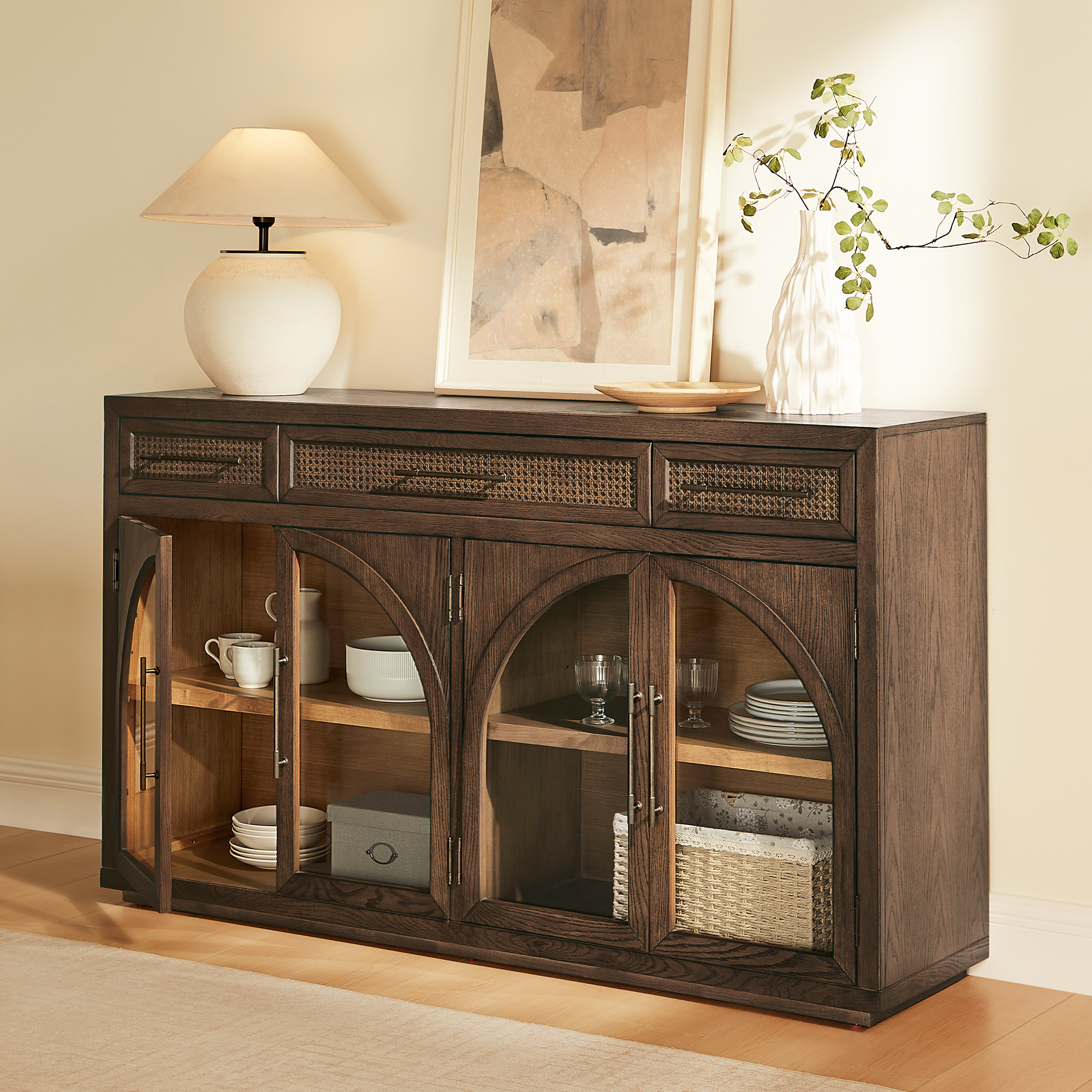 Valborg 66 Inch Oak Sideboard with Fluted Doors & Adjustable