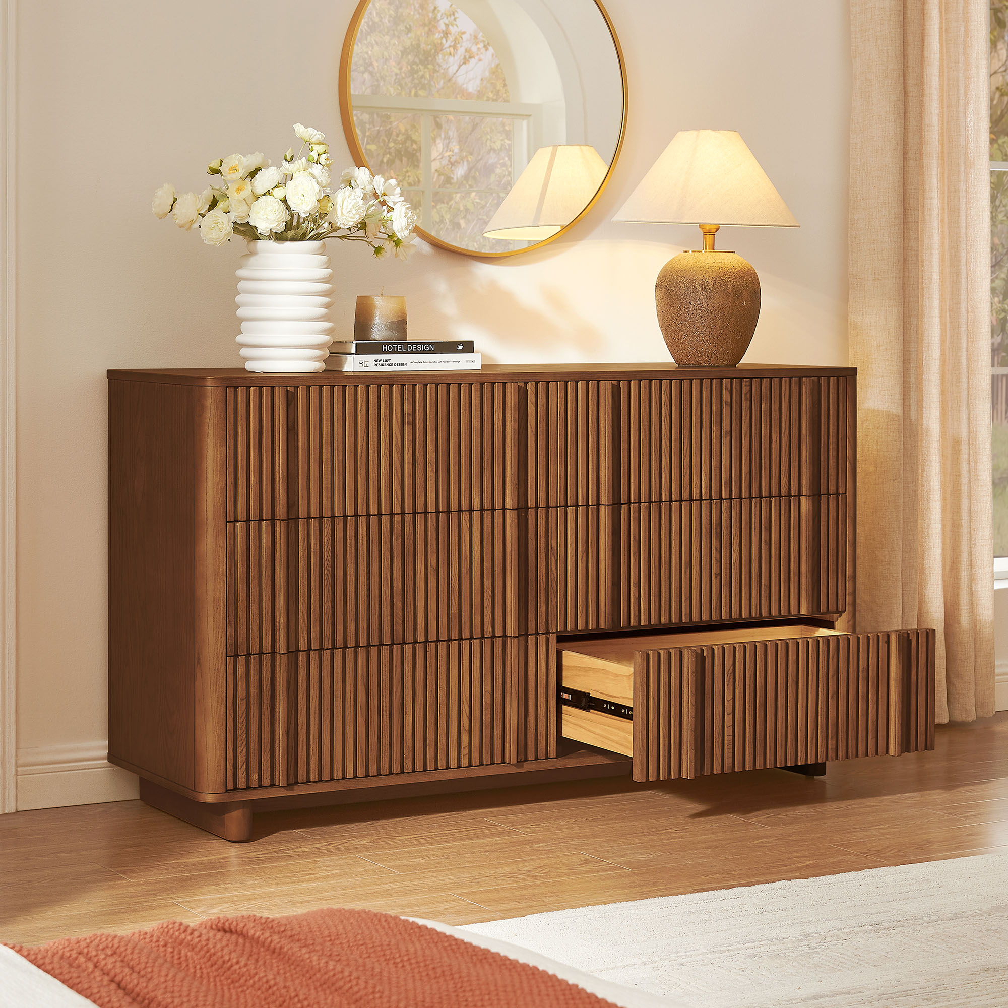 Sabina 60 inch Fluted Ash Wood 6-Drawer Dresser with Solid Wood