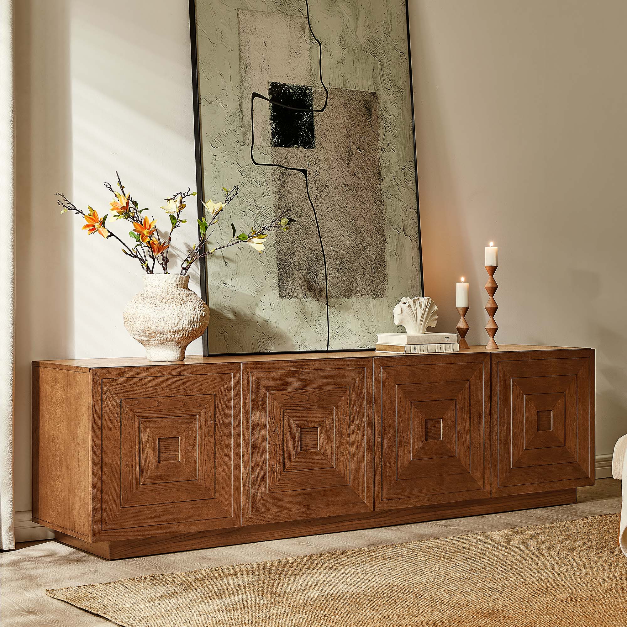 86" Carving Wood TV Stand with Adjustable Shelves for Living Room