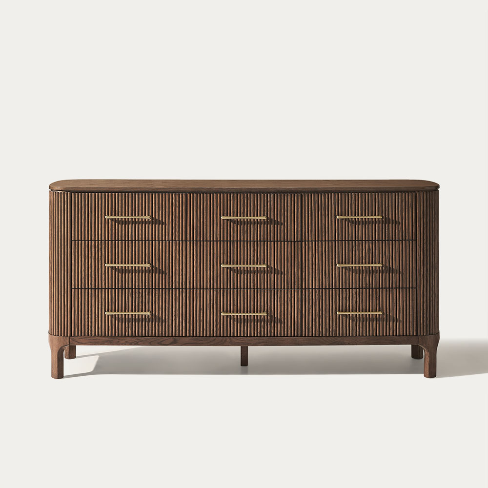 Skugga 70 inch Dark Brown Fluted Solid Oak Wood 9-Drawer Dresser