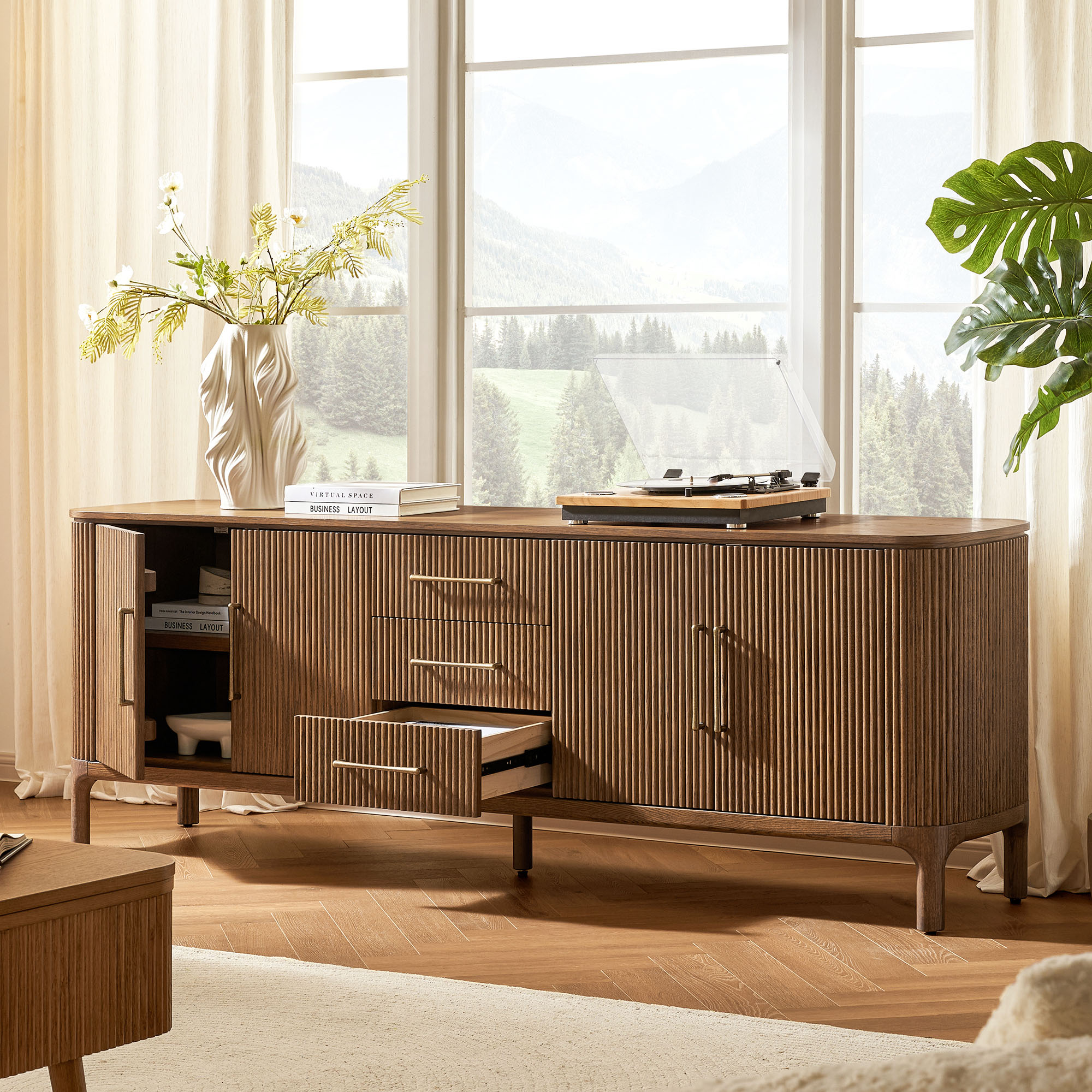 Solid Wood TV Stand | Adjustable Shelves, Cable Management, Soft close Design
