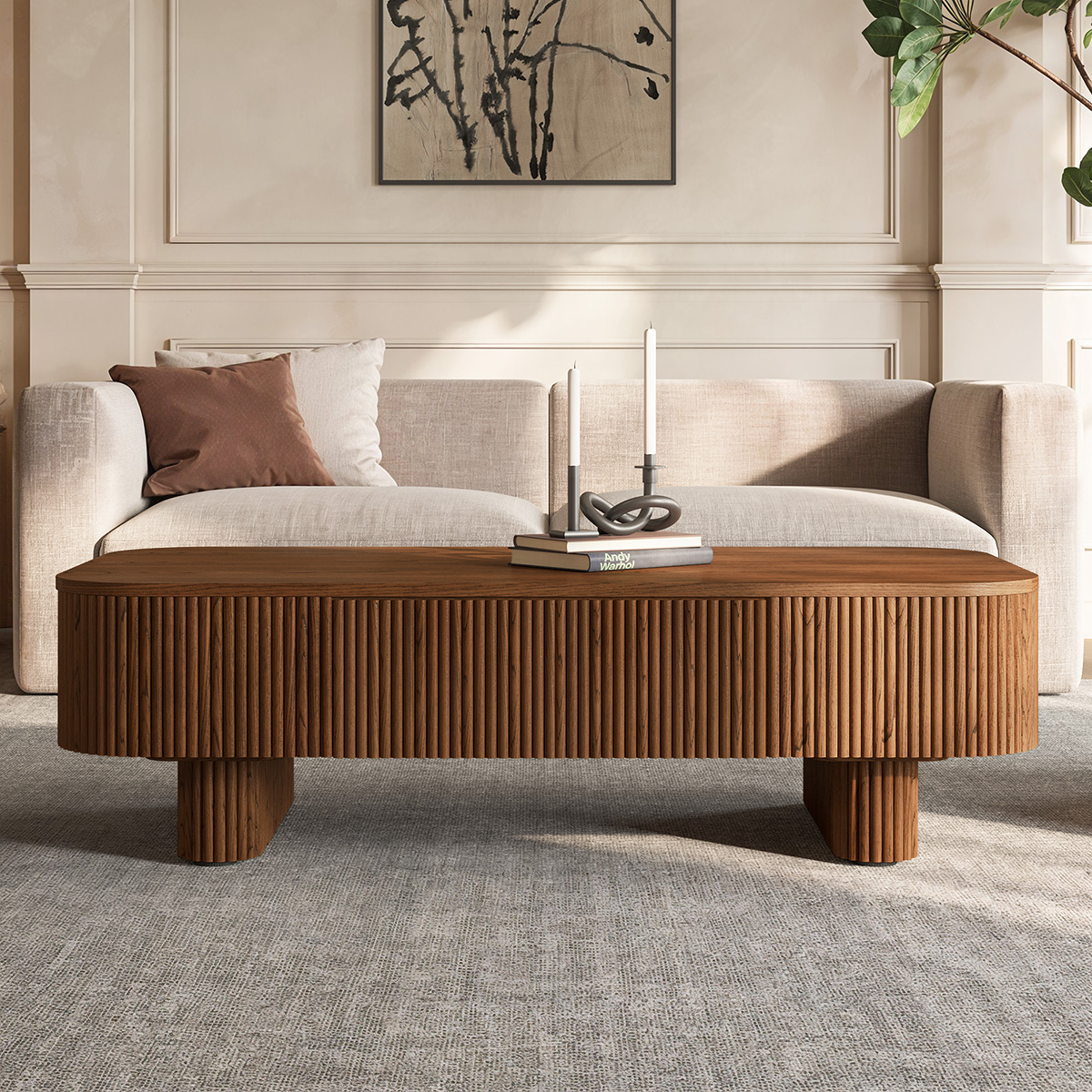 Marisol 55 inch Warm Brown Fluted Oak Coffee Table with Drawers