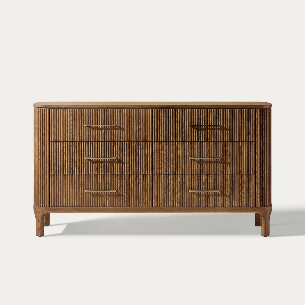 Skugga 63 inch Brown Fluted Solid Oak Wood 6-Drawer Dresser | HERNEST