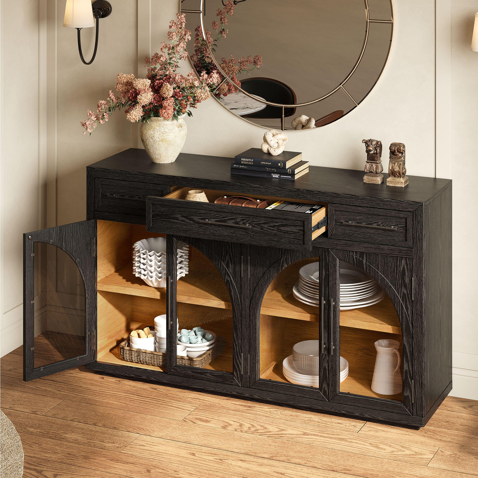 Valborg 66" Black Oak Sideboard with Arched Tempered Glass Doors
