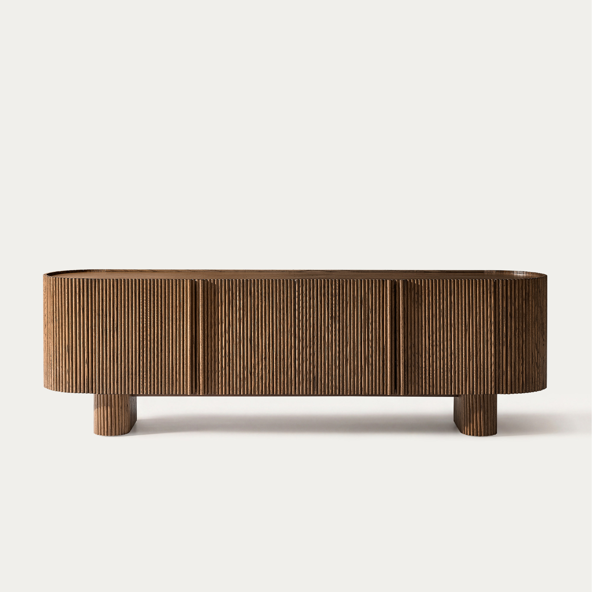 Marisol 84 inch Brown Oval Oak TV Stand with Adjustable Shelves