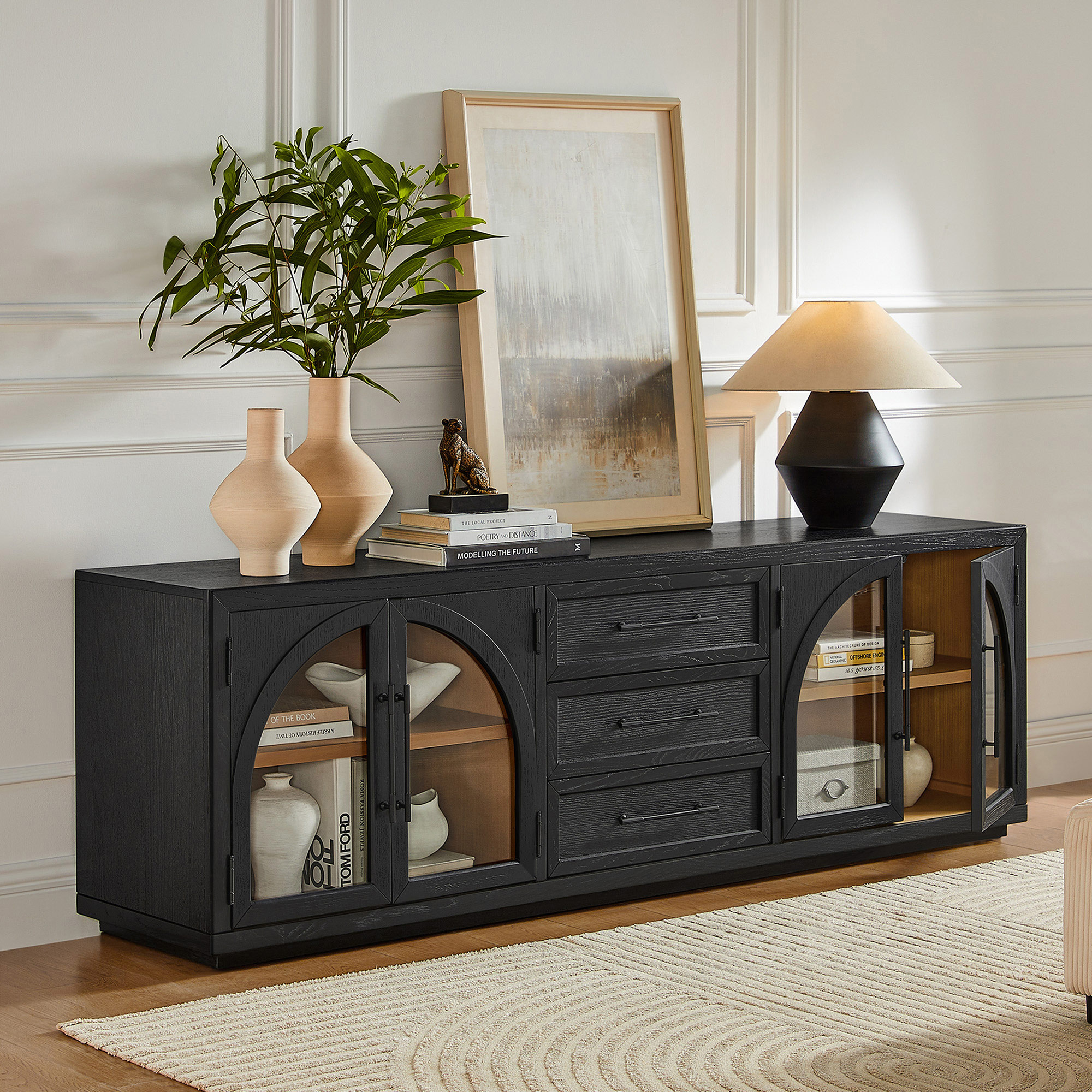 レア品★splem slide glass lowboard 1200 Valborg 80 Inch Black Mid-Century TV Stand with Arched Design