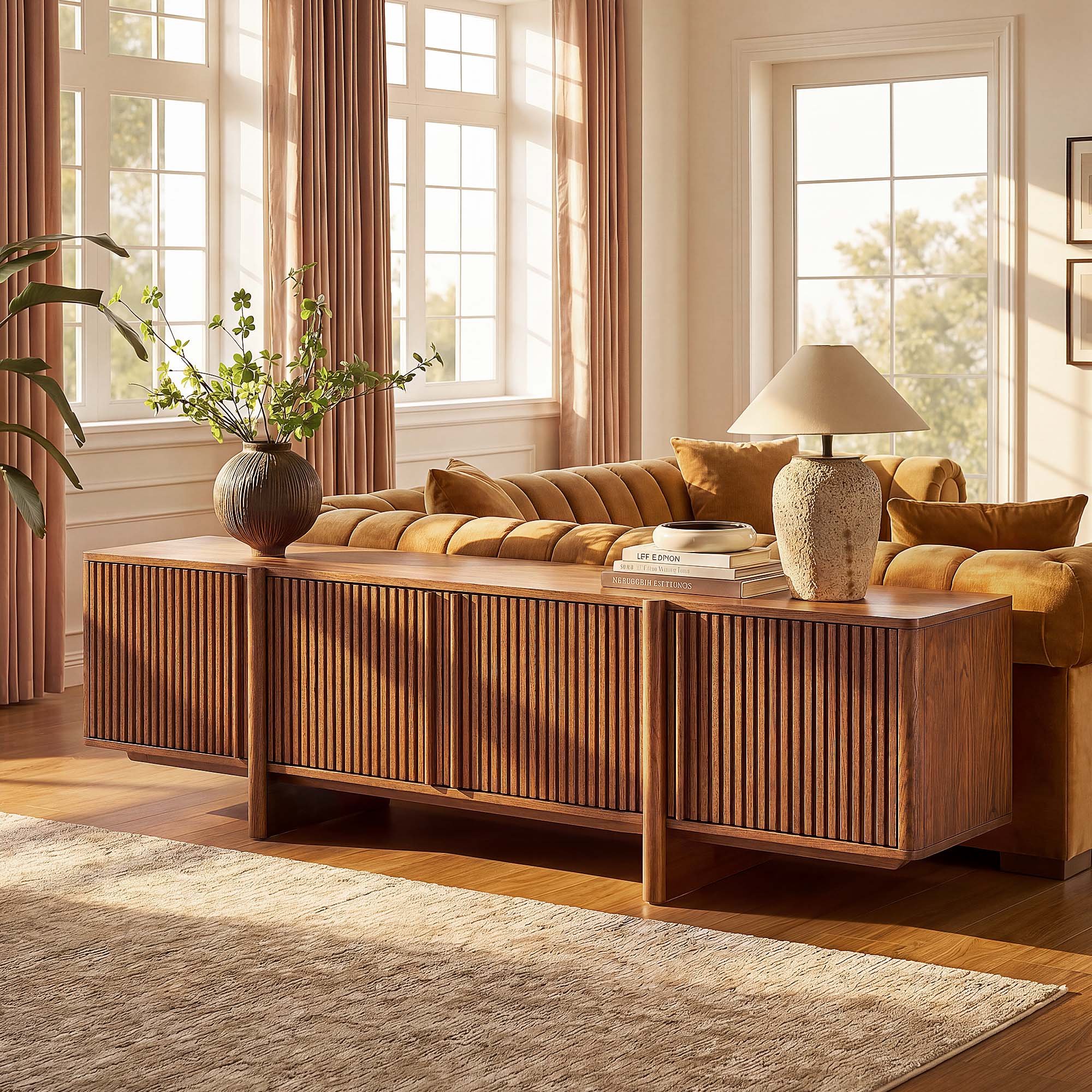 Sabina 84'' Wood TV Stand with Cabinets and Shelves for Large Living Rooms