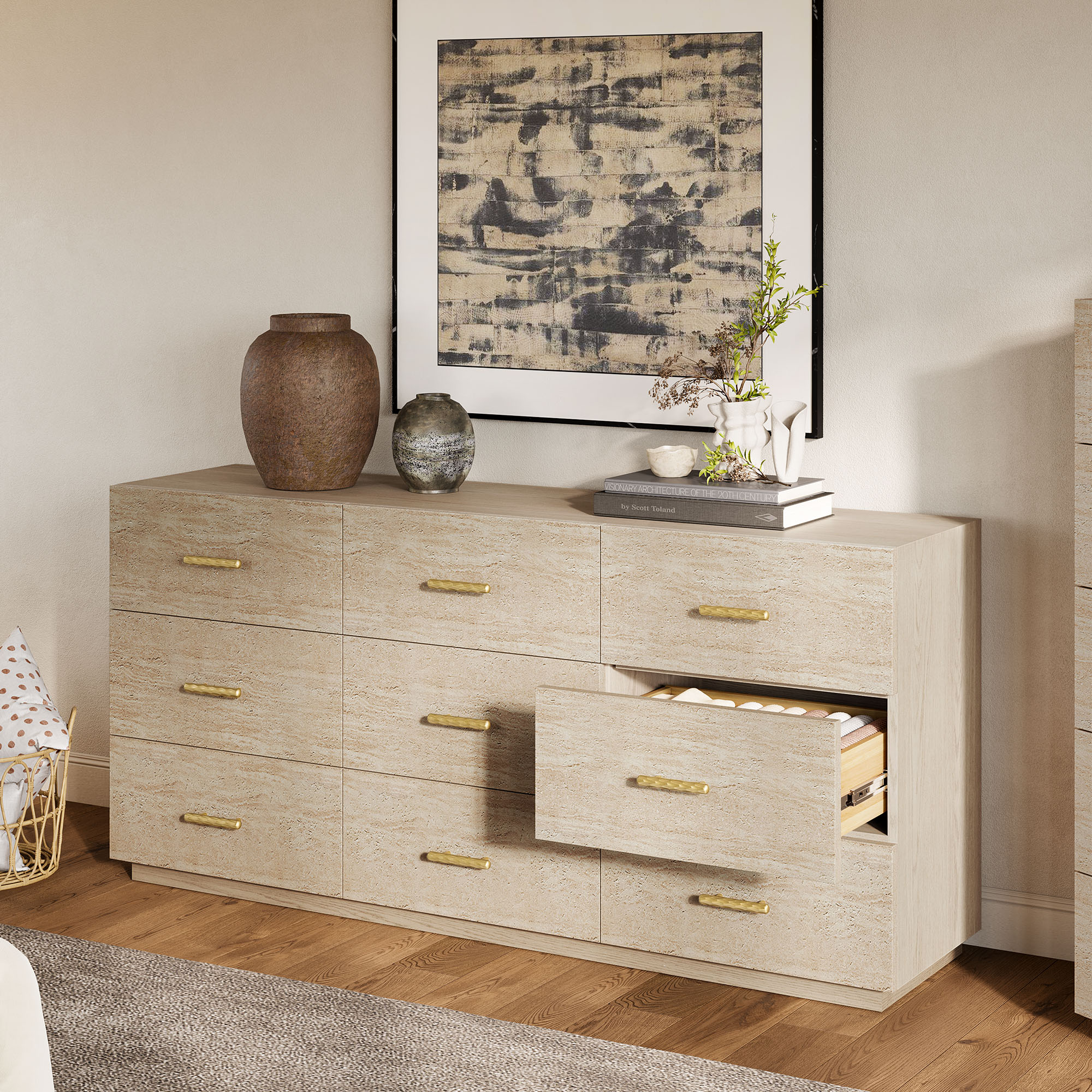 Renata 80 inch Travertine Textured Oak Dresser with 9 Drawer | HERNEST