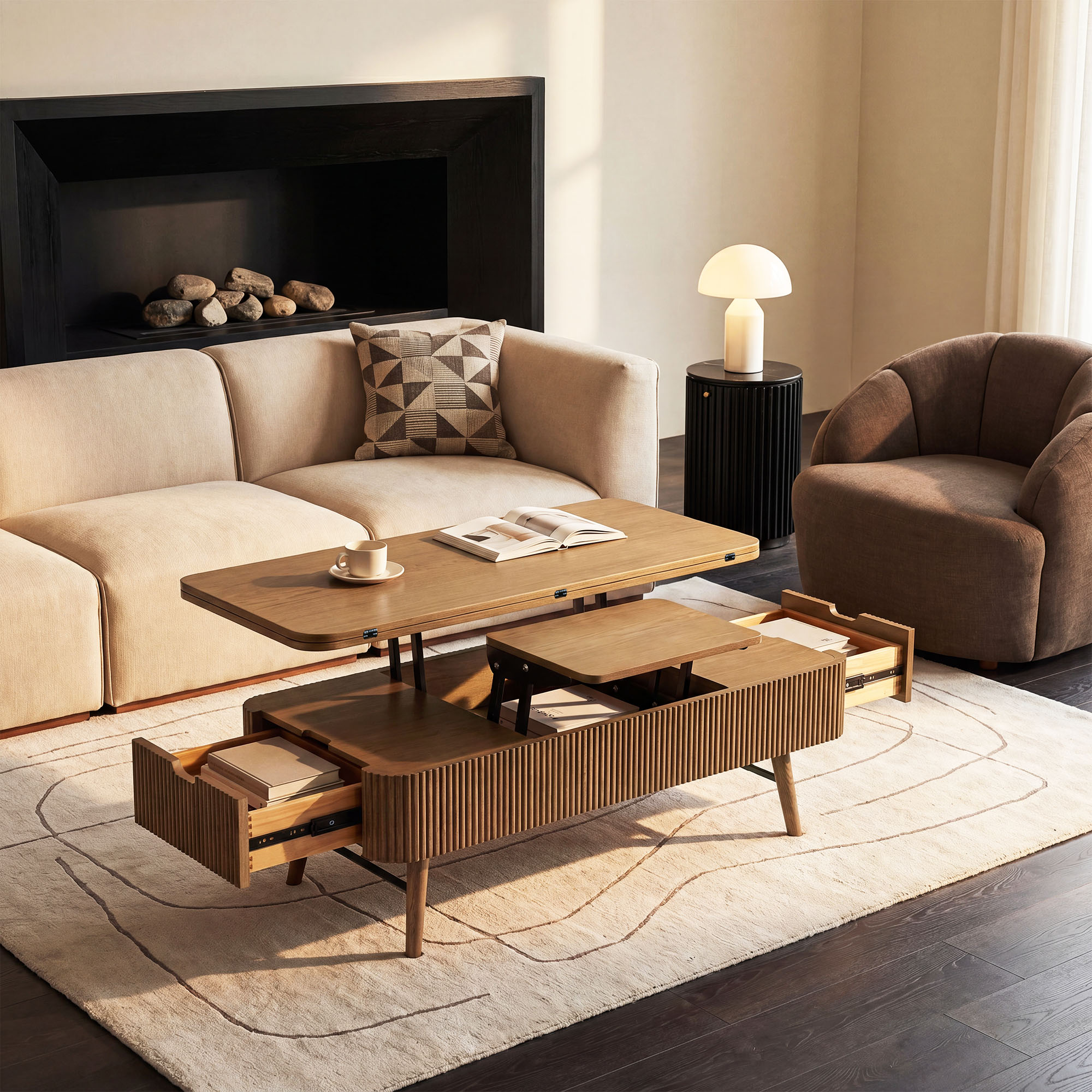 Magnus 47 inch Lift Top Brown Oak Coffee Table with Drawers and