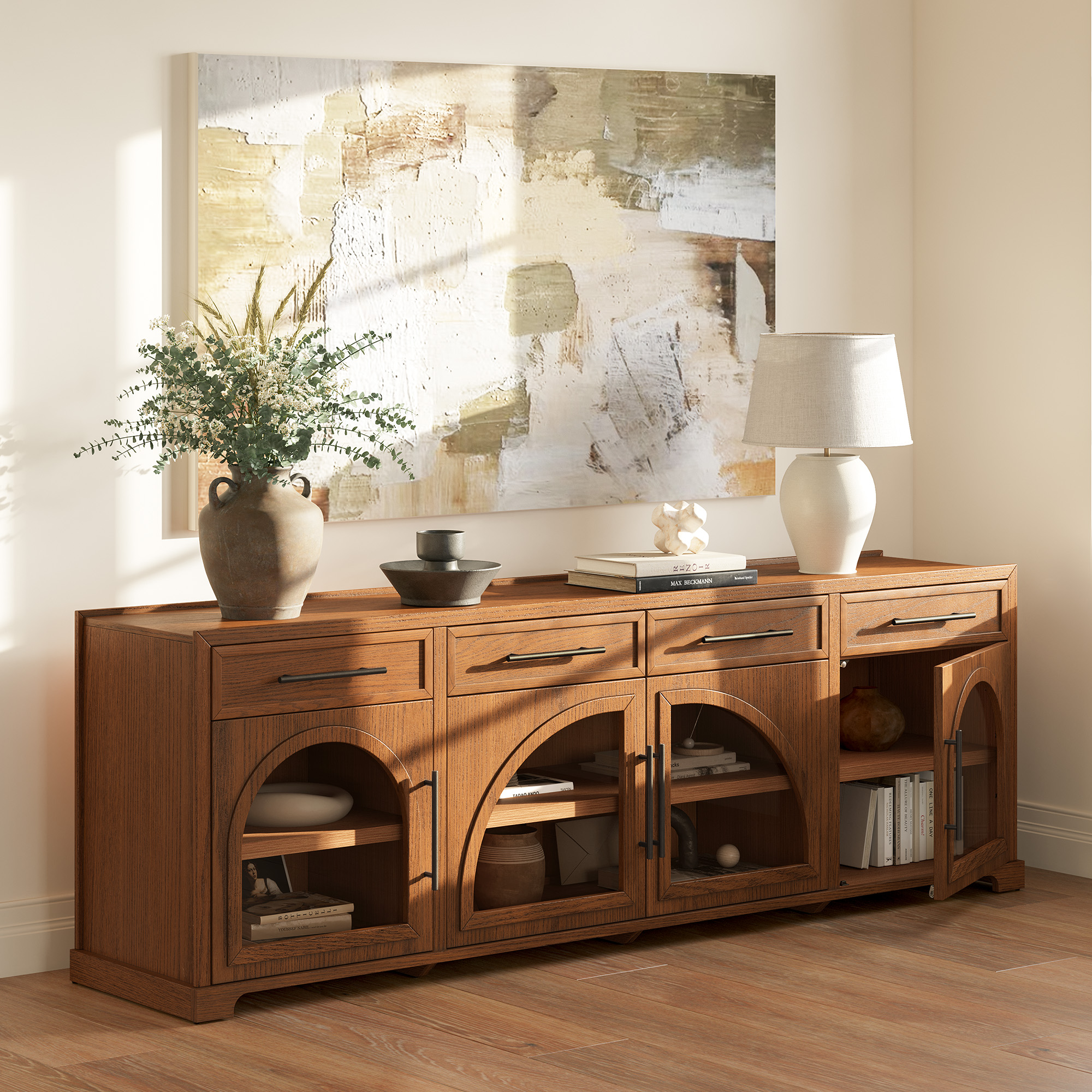 Jardine 84 inch Warm Brown Oak TV Stand with 4 Drawers