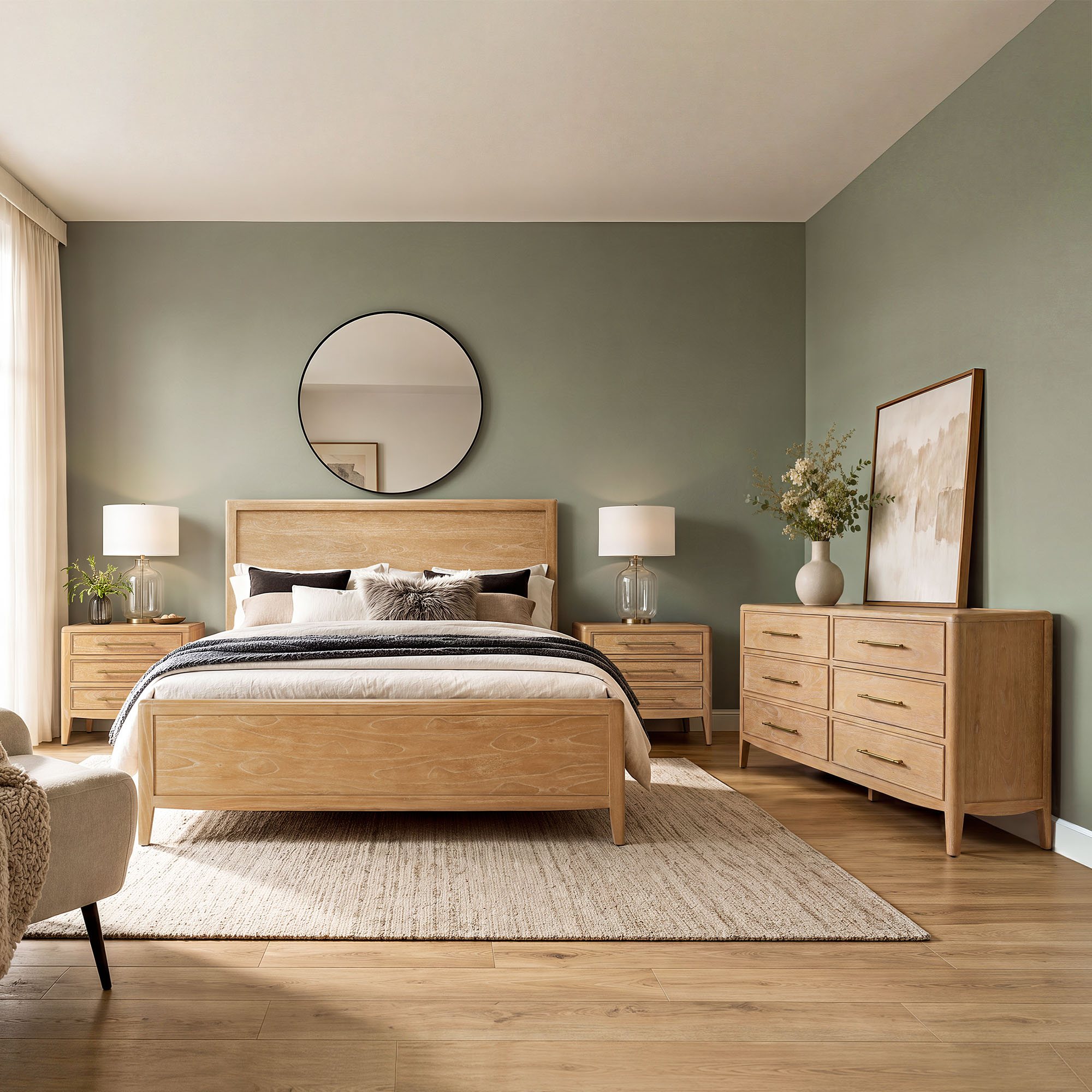 Mid Century Harrison 3 Piece Cal King Size Mindi Wood Bedroom Set,