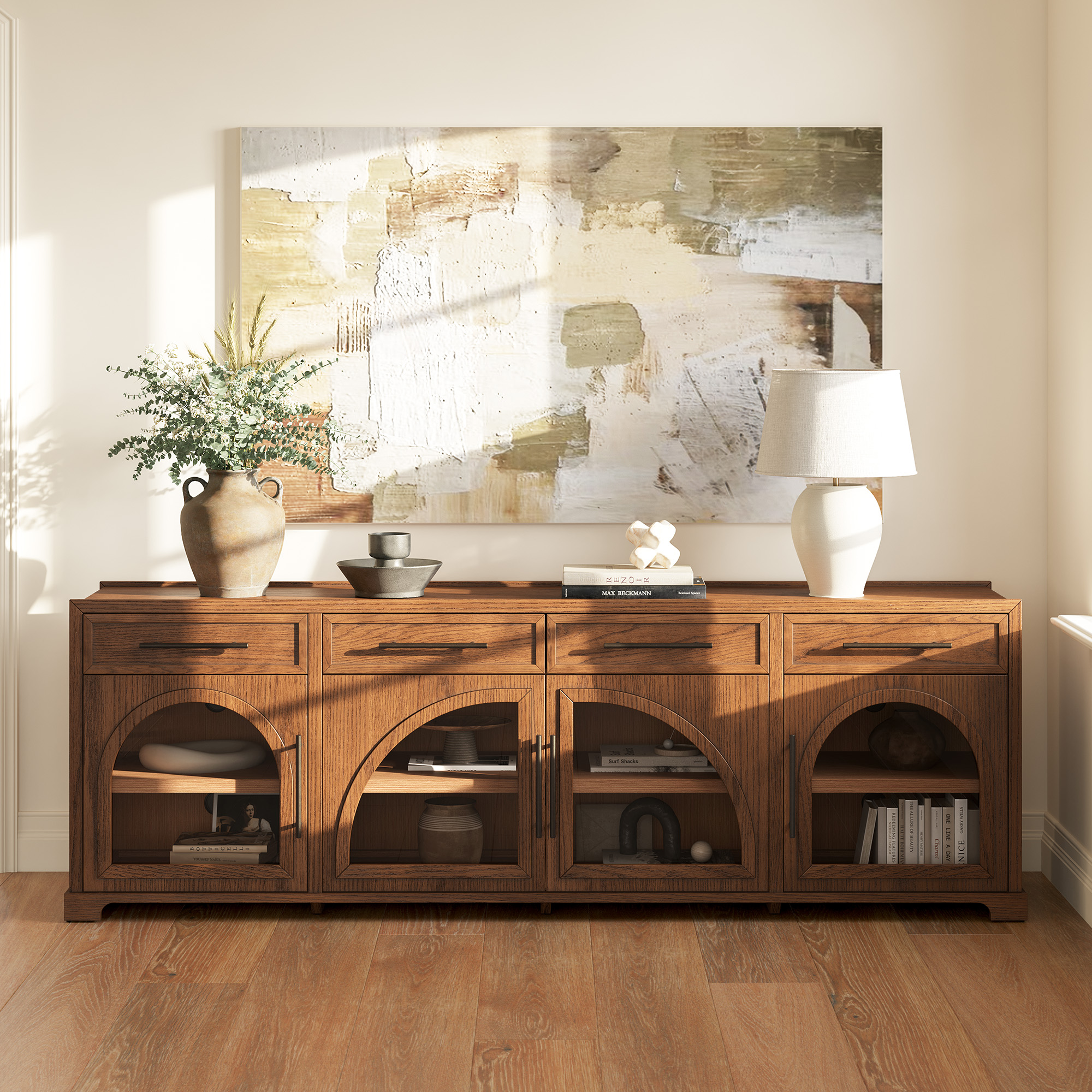 Jardine 84 inch Warm Brown Oak TV Stand with 4 Drawers