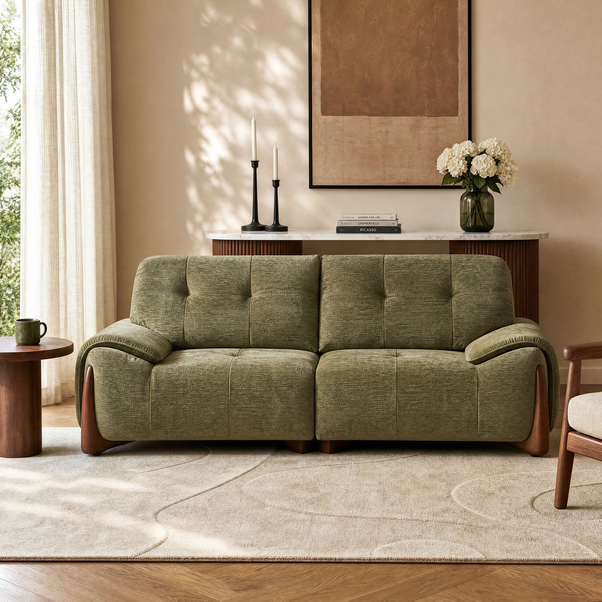Green Upholstered Loveseat Midcentury Modern Sofa Couch