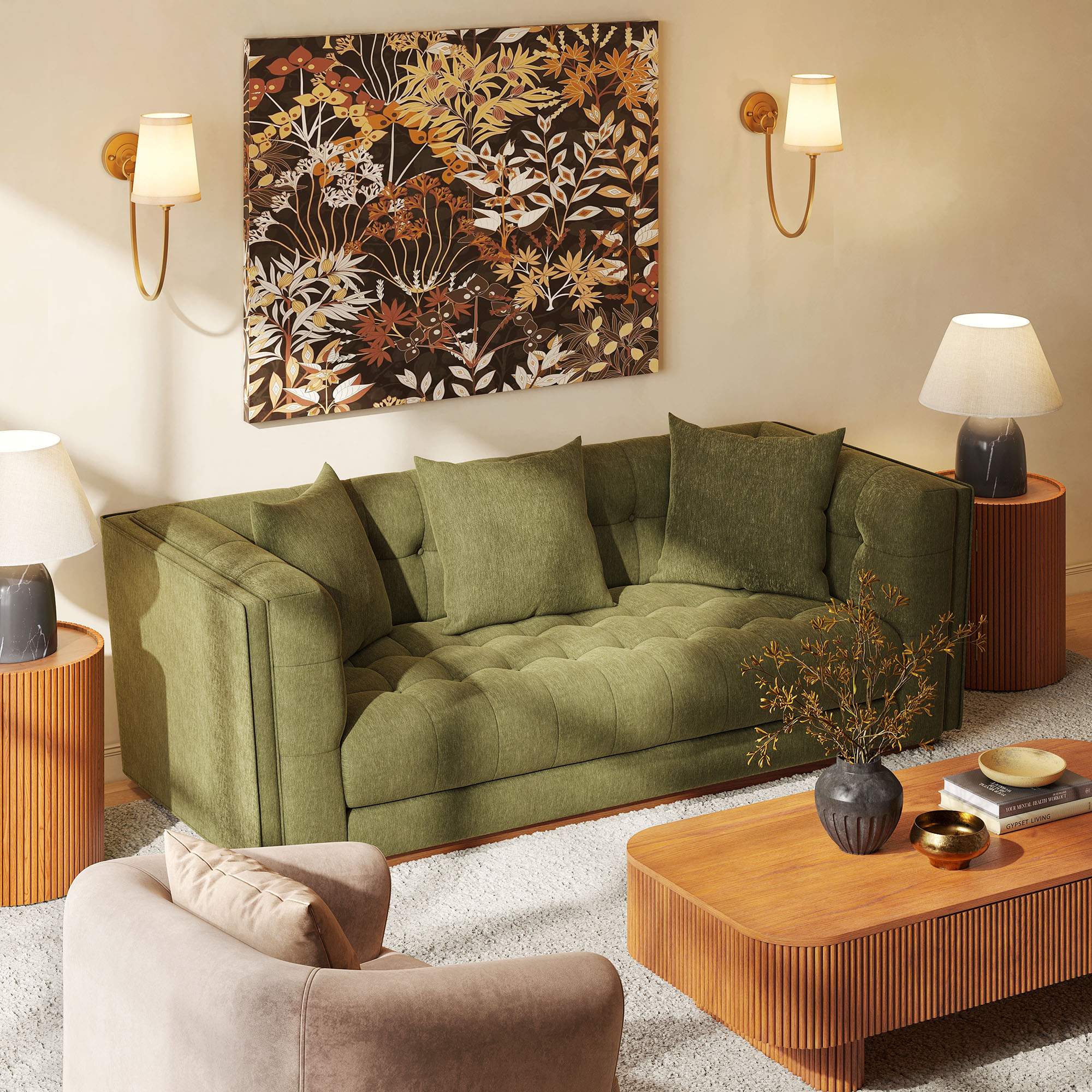 Loveseat Sofa Couch  91 Modern Style Green Fabric