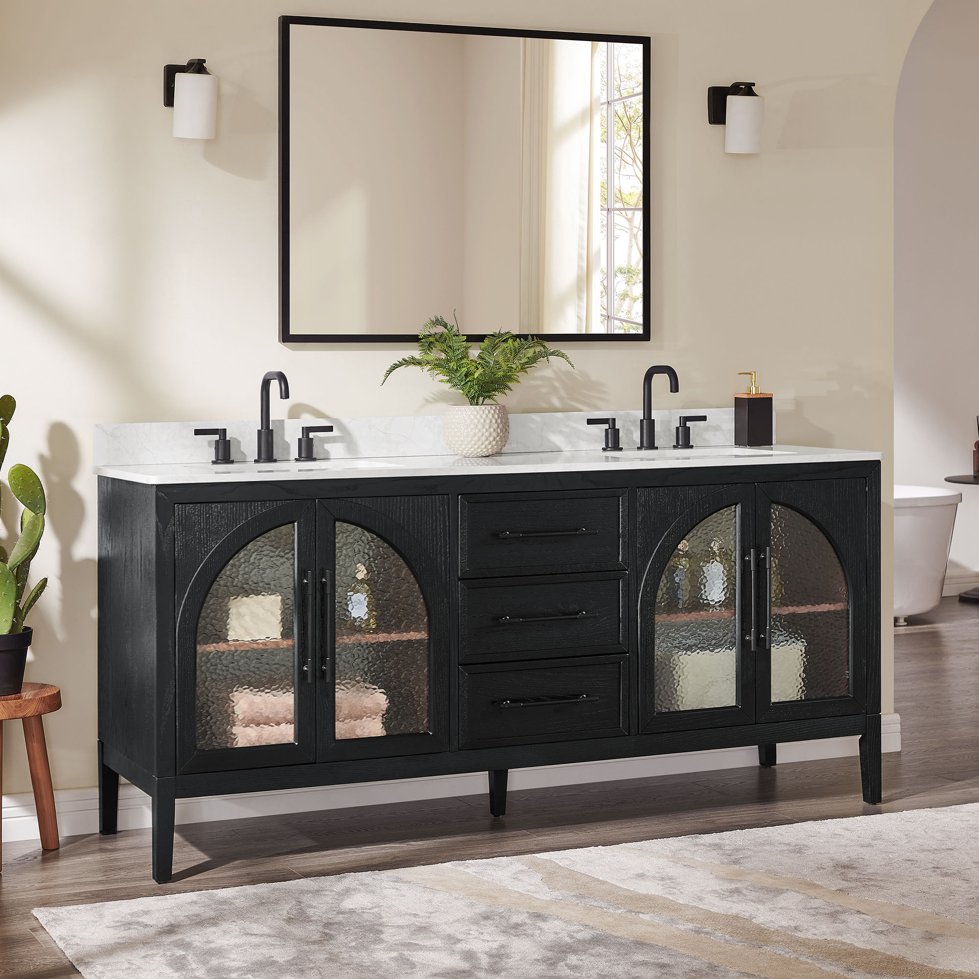 Valborg 72" Double Bathroom Vanity with Quartz Countertop and Sink, Modern Black Bathroom Storage