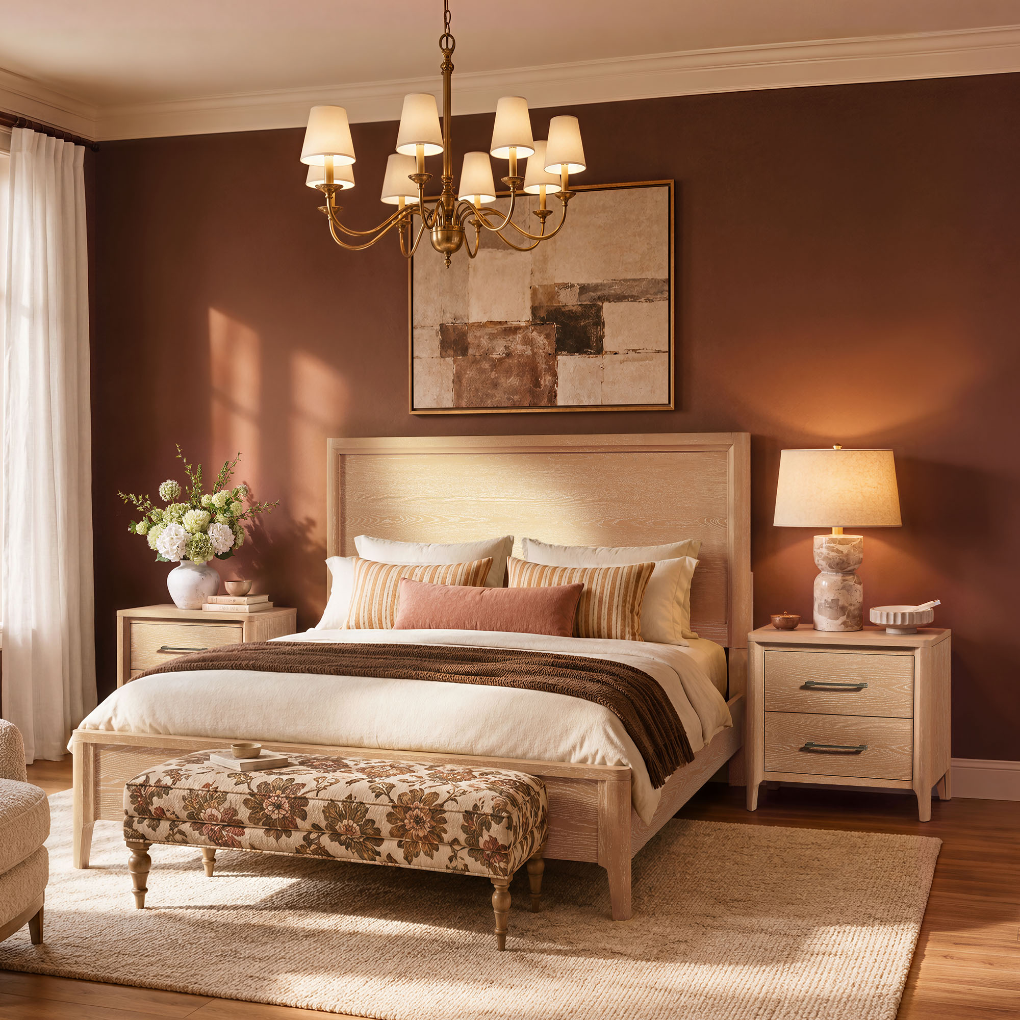 3-Piece King Bedroom Set, Solid Wood Bed and 2 Nightstands in Light Brown