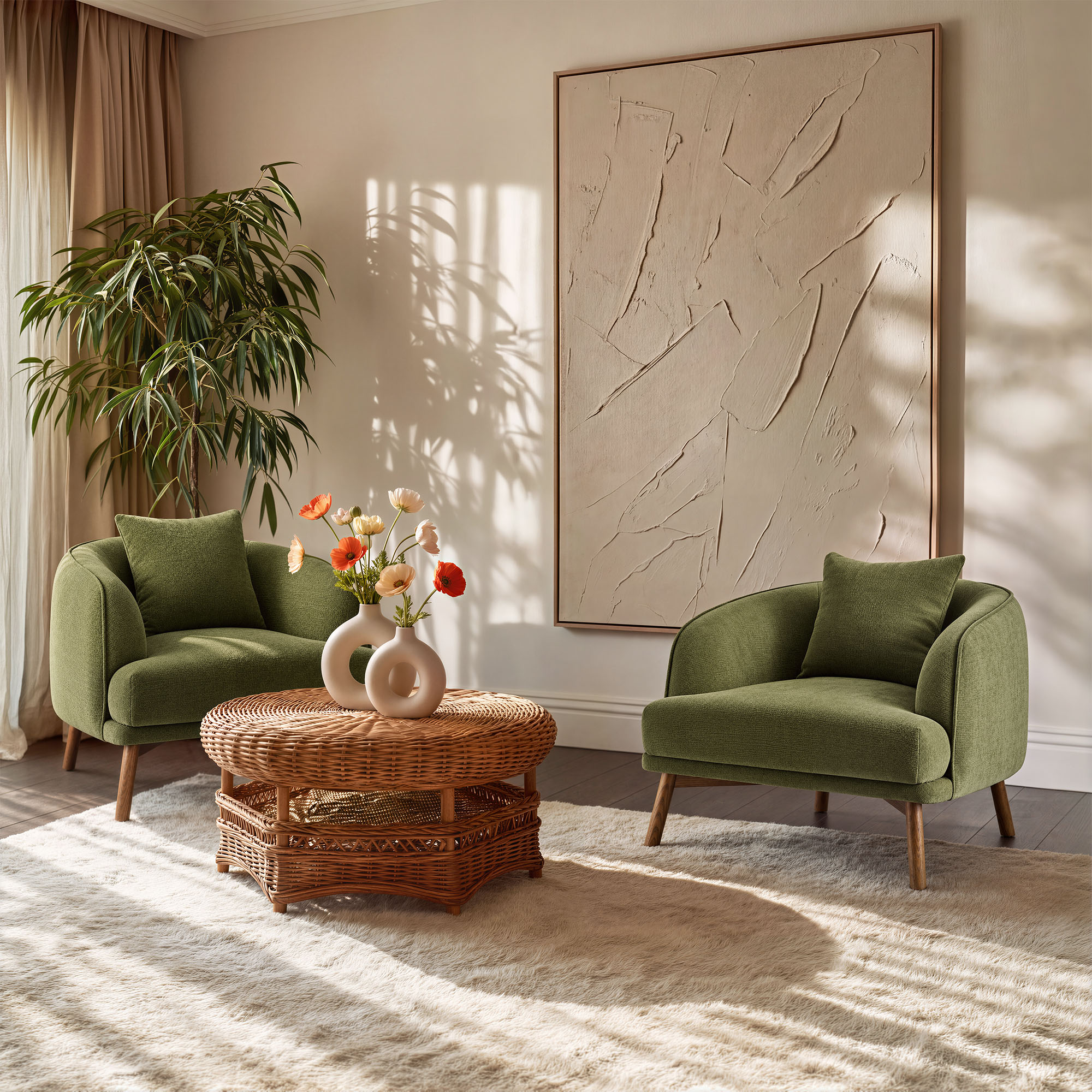 Mellow 33 inch Green Accent Chair Set Mid-century Modern Chenille with Solid Wood Leg