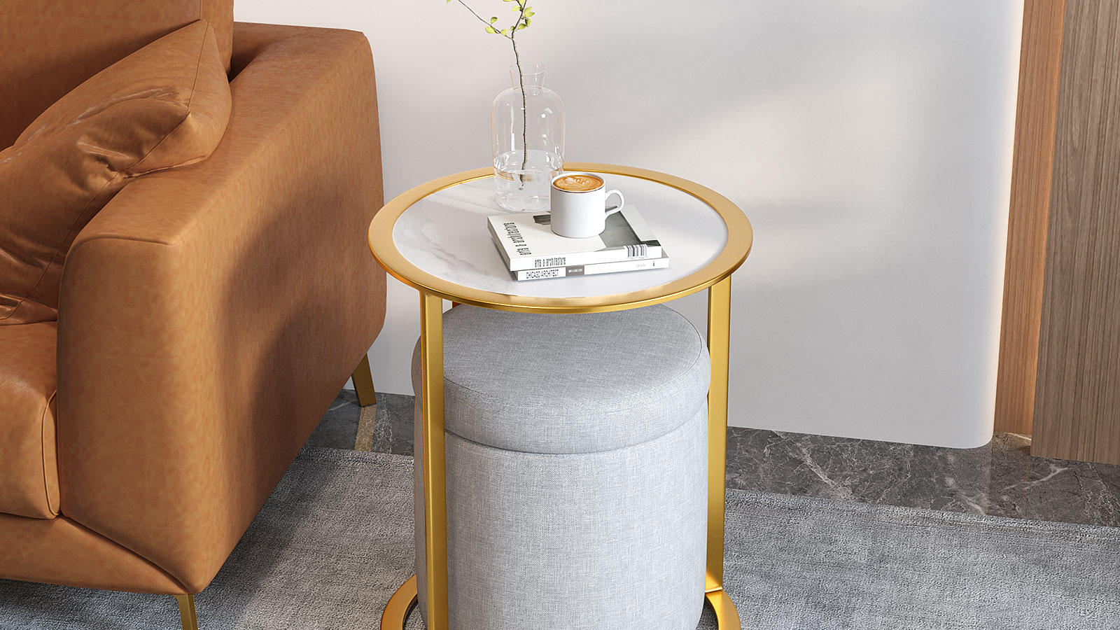 Odette White Accent Side Table With Grey Storage Ottoman Set - Hernest