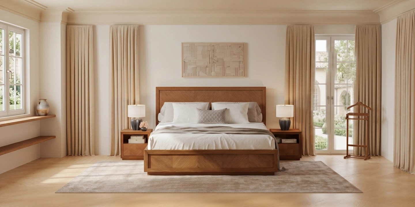 Luxury solid wood platform bed frame queen with intricate herringbone pattern, centerpiece for a sophisticated, neutral-toned modern bedroom.
