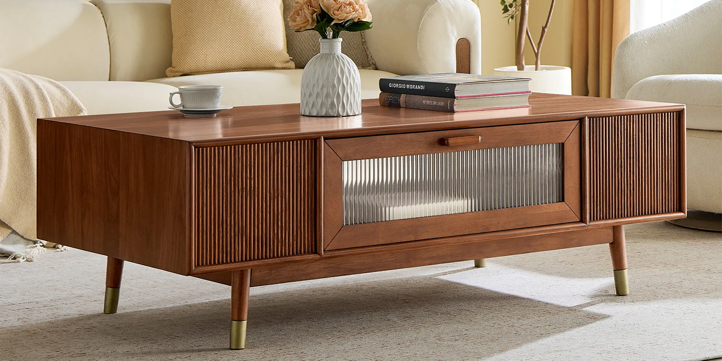 Stavn 55.1-inch MCM fluted coffee table with a 18.1-inch coffee table height, featuring walnut finish for a mid-century modern aesthetic.