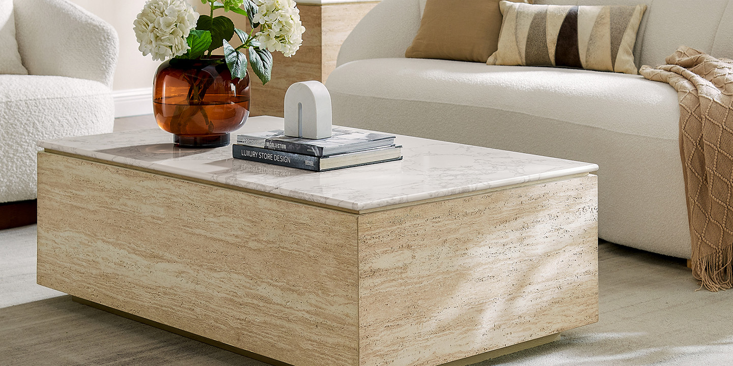 Renata 47.2-inch coffee table featuring a travertine-textured finish and a 15-inch coffee table height, perfect for modern living spaces.