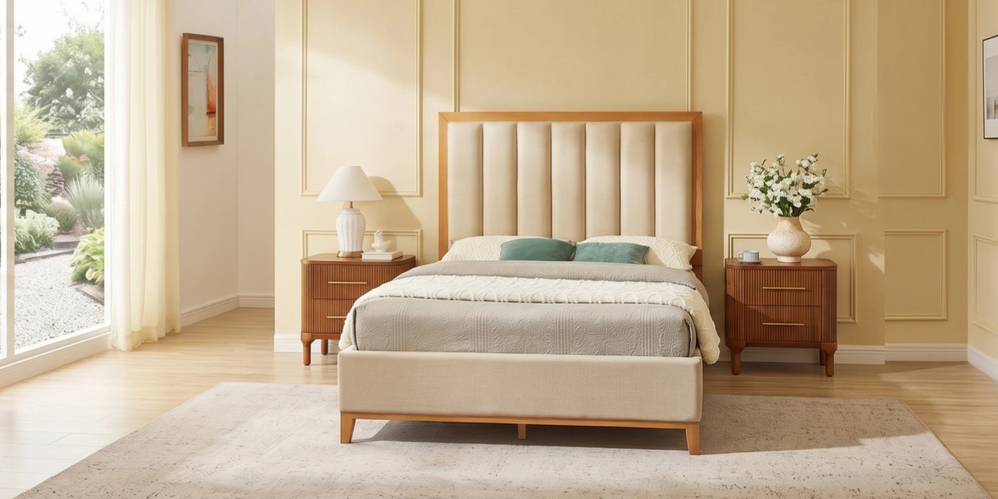 Rowan upholstered platform bed frame queen with a vertical channel tufted headboard, combining premium fabric and solid wood for a modern bedroom.