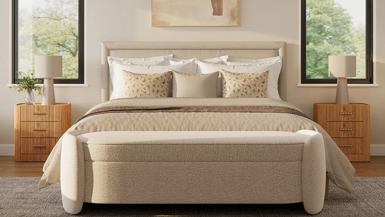 Modern fluted nightstand, 23-inch 3-drawer design with oak finish and gold hardware, Astor 23" Fluted Oak Nightstand.