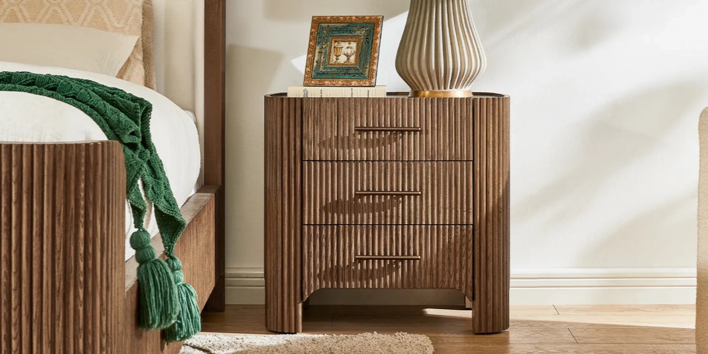 Mid-century fluted oak nightstand, 3-drawer design in brown oak finish, Alexa 26" Fluted Oak Nightstand.