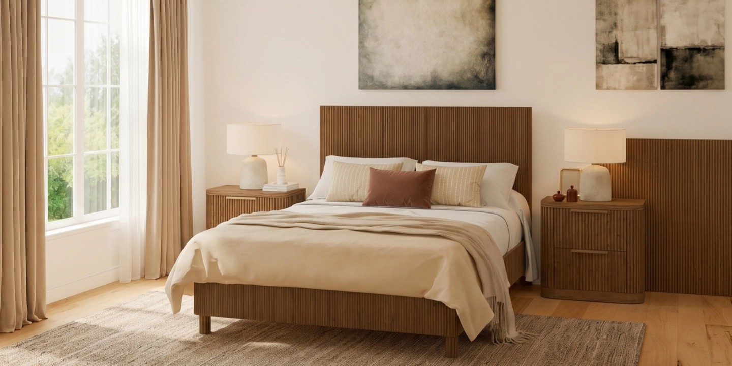 Fulton fluted platform bed frame queen with unique vertical ribbed detailing, creating a modern and architectural statement in a bedroom.