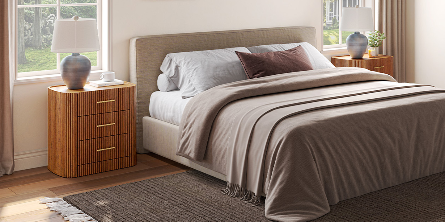 Astor 23-inch fluted nightstand vs bedside table, crafted from solid rubberwood with oak veneer and gold metal handles.