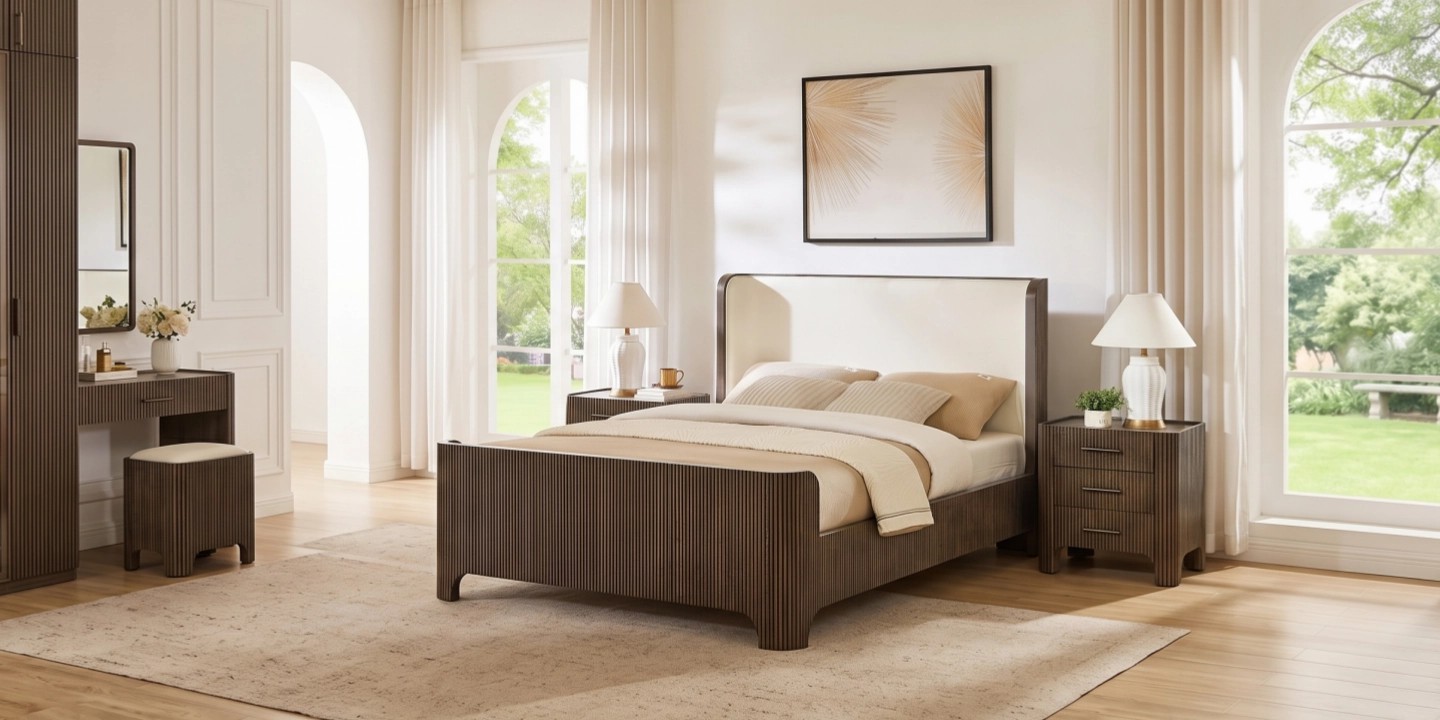 Alexa fluted platform bed frame queen, expertly crafted from solid American oak and engineered wood with a refined oak veneer finish.