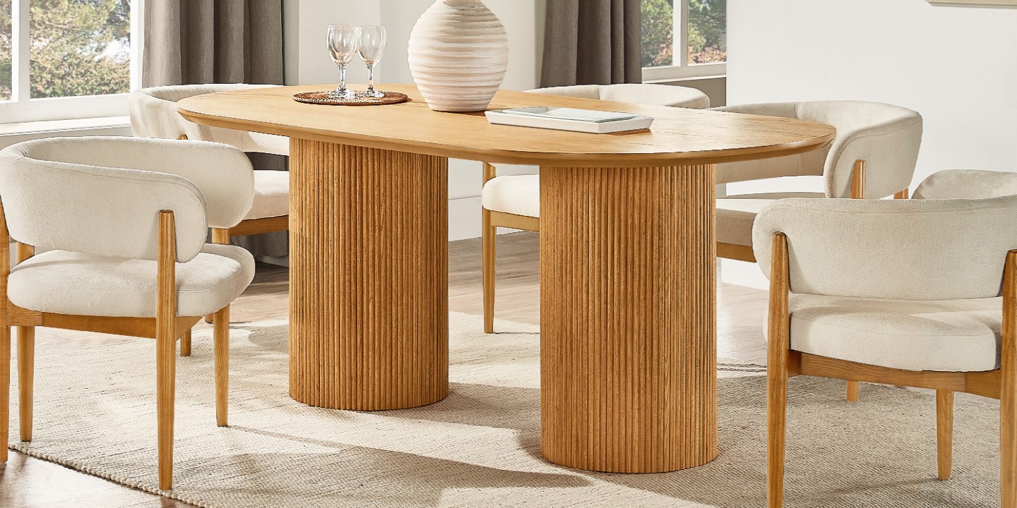 Rolf 72" Dining Table featuring solid oak fluting and a warm, retro-modern silhouette, offering the perfect 30-inch height of dining table for a cozy living space Rolf 72" Dining Table featuring solid oak fluting and a warm, retro-modern silhouette, offering the perfect 30-inch height of dining table for a cozy living space