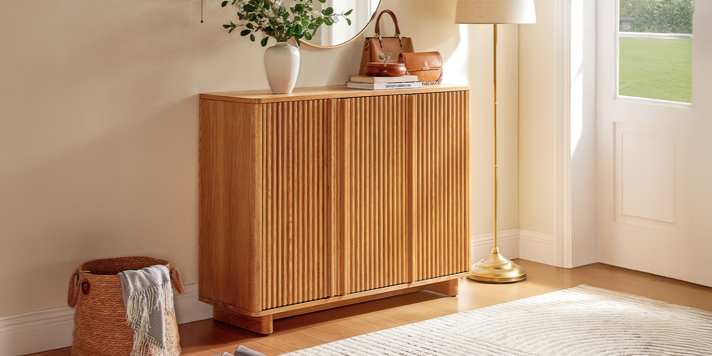 Sabina 48" Ash Wood Shoe Storage.jpg serves as a perfect home upgrade, showcasing innovative square flutings and a modern aesthetic. This piece is crafted from American solid ash wood and engineered wood, featuring a wire-brushed, glazed finish and adjustable shelves for functional storage, measuring 48"W x 15.7"D x 36"H. Sabina 48" Ash Wood Shoe Storage.jpg serves as a perfect home upgrade, showcasing innovative square flutings and a modern aesthetic. This piece is crafted from American solid ash wood and engineered wood, featuring a wire-brushed, glazed finish and adjustable shelves for functional storage, measuring 48"W x 15.7"D x 36"H.