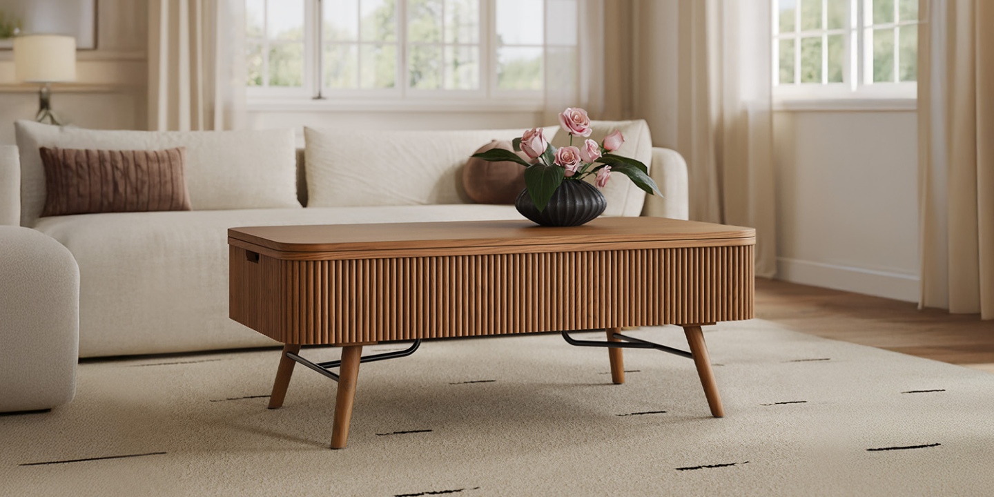 Magnus 47 inch Lift-Top Coffee Table with storage featuring a modern slatted wood design and tapered legs in a cozy living room setting