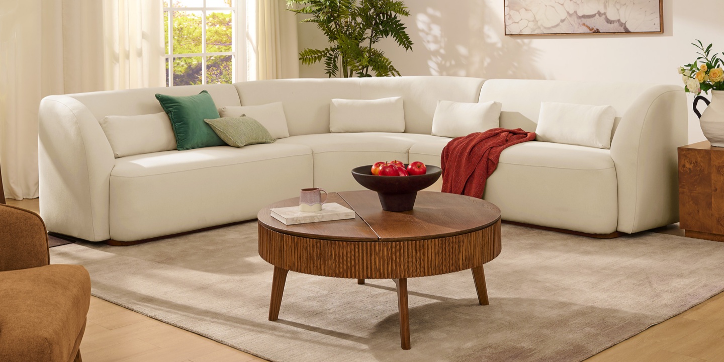 Odelia Sectional Sofa featuring a soft, curved silhouette, durable cotton upholstery, and an ash wood and plywood frame, 112.1 inches in width, designed for a balanced and cozy soccer summer living space Odelia Sectional Sofa featuring a soft, curved silhouette, durable cotton upholstery, and an ash wood and plywood frame, 112.1 inches in width, designed for a balanced and cozy soccer summer living space