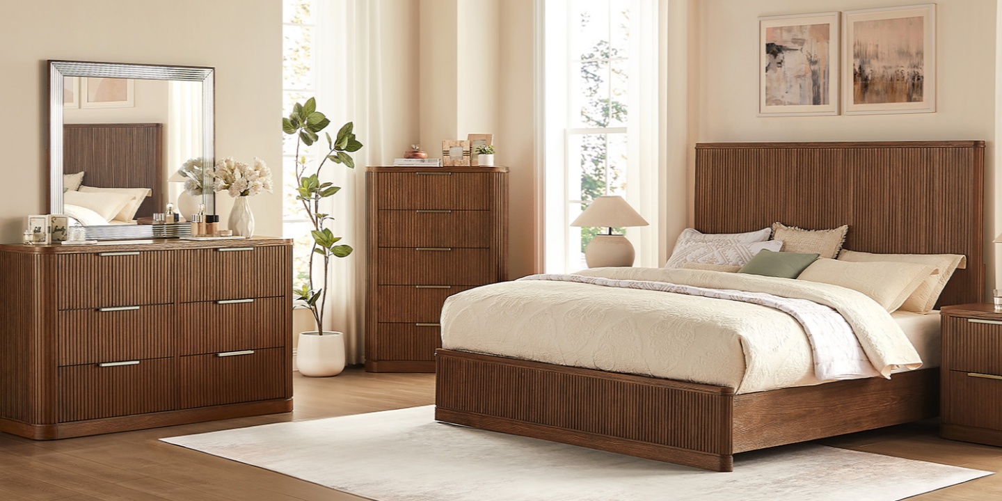 Finnley 38 Fluted 5-Drawer Chest and a dresser in a modern bedroom, offering a useful comparison point for average dresser size.