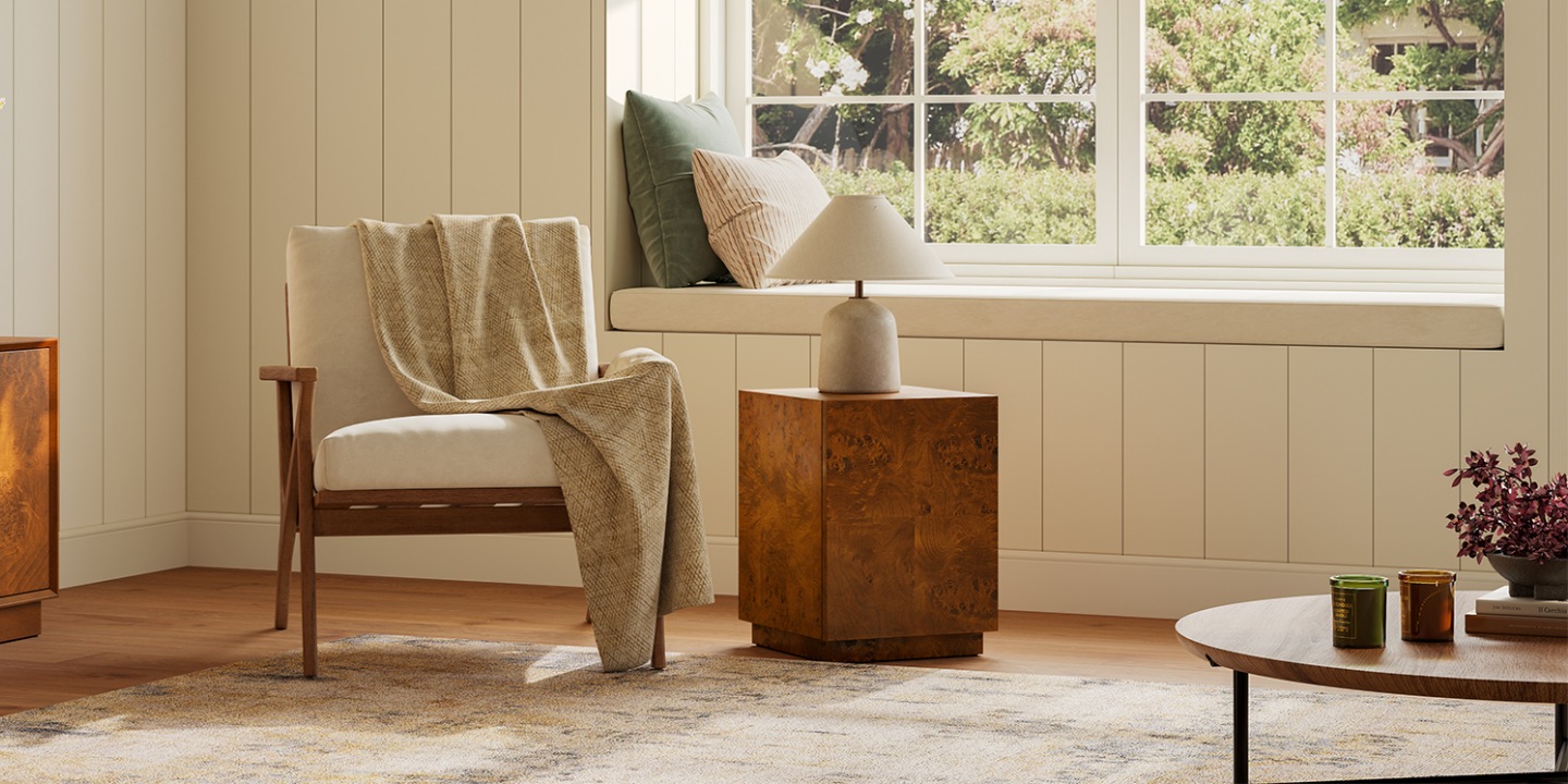 Bodil 14" Burl Side Table, Crafted of engineered wood with burl veneers, a unique square side table featuring richly burled wood with swirling grain, reverse chamfer edges, and a refined glazed finish