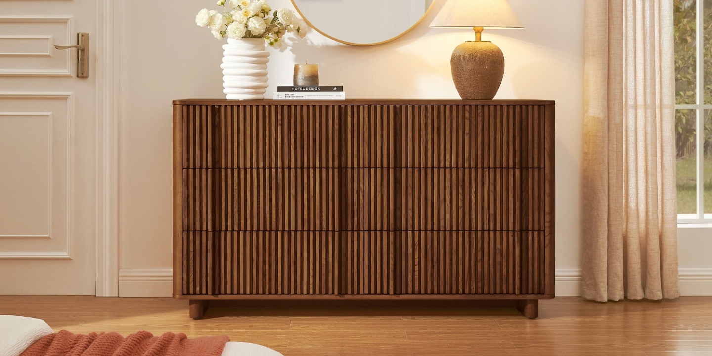 Sabina fluted ash wood 6-drawer dresser beneath a round mirror, showcasing a perfect average dresser size.