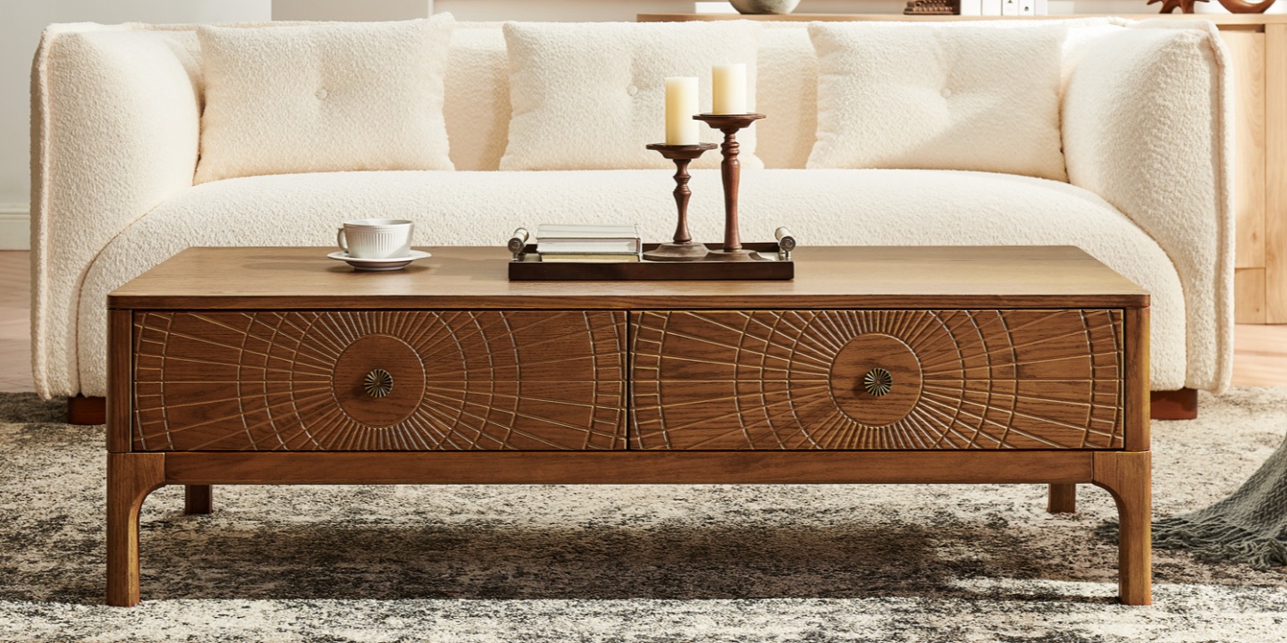 Vigdis 55.1" Coffee Table featuring a mid-century modern design with exquisite sunburst carvings, crafted from American solid oak and plywood with a wire-brushed finish, measuring 55.1"W x 27.6"D x 16.5"H for a Matchday living room. Vigdis 55.1" Coffee Table featuring a mid-century modern design with exquisite sunburst carvings, crafted from American solid oak and plywood with a wire-brushed finish, measuring 55.1"W x 27.6"D x 16.5"H for a Matchday living room.