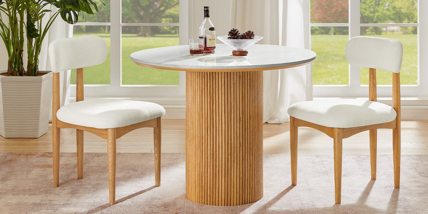 Rolf 39" Dining Table featuring a solid oak fluted base and engineered stone top, designed with an optimal 30-inch height of dining table for a cozy, vintage-inspired space Rolf 39" Dining Table featuring a solid oak fluted base and engineered stone top, designed with an optimal 30-inch height of dining table for a cozy, vintage-inspired space