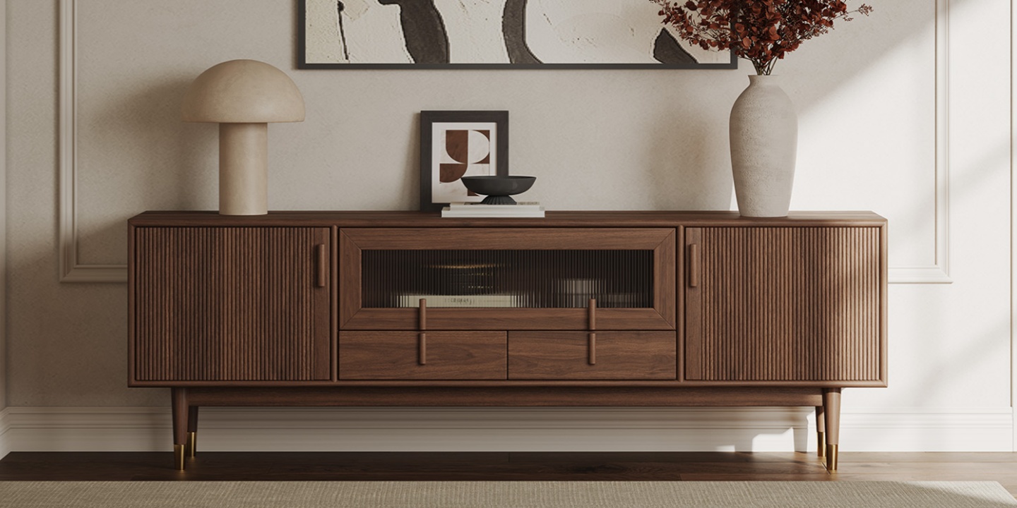 Mid-century modern Stavn 72" inch media console featuring a 23.8 inch tv stand height, crafted with walnut veneer and decorative Moru glass for optimal viewing elevation.